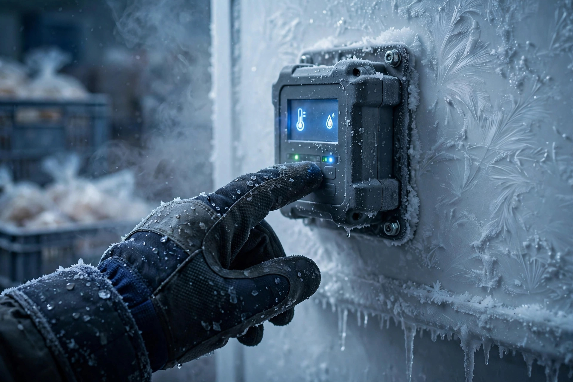 Registrador de datos de temperatura y humedad montado en la pared de un almacén refrigerado