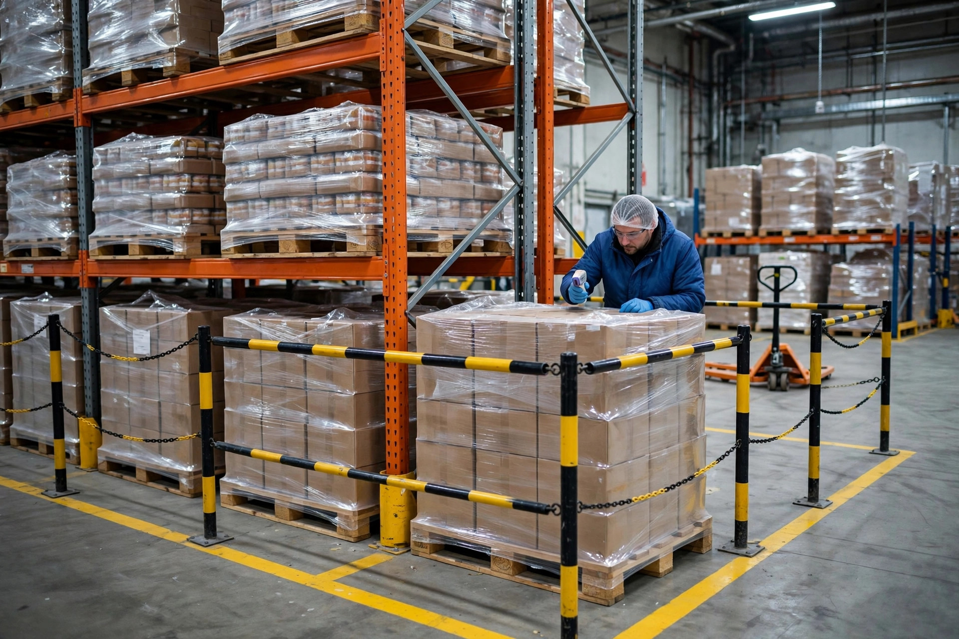 Quarantine hold area in a food warehouse with segregated pallets and temperature monitoring