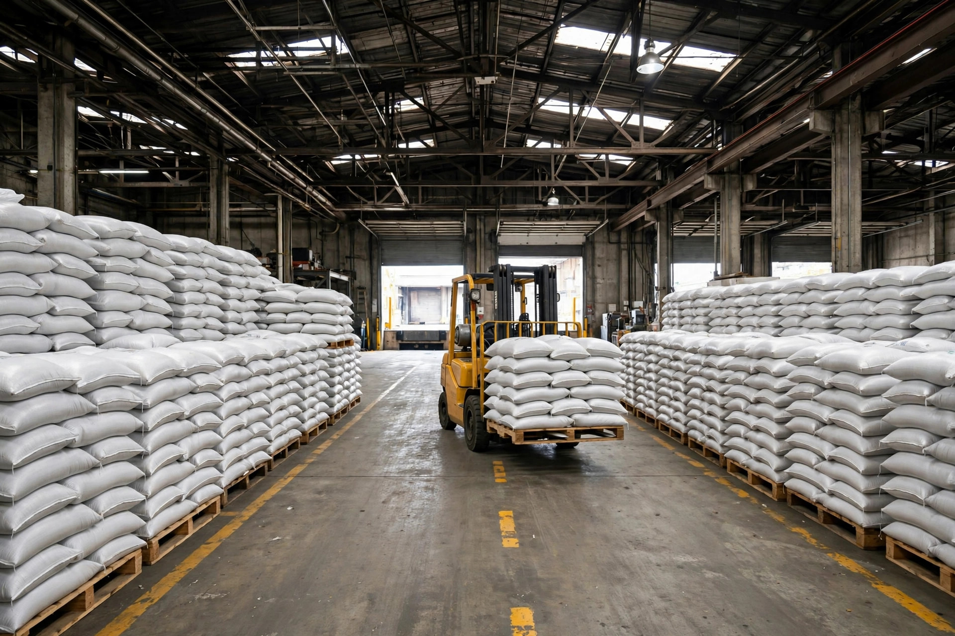 Bagged fertilizer stacked to code in a ventilated fertilizer warehouse, with clear aisles and proper wall clearance
