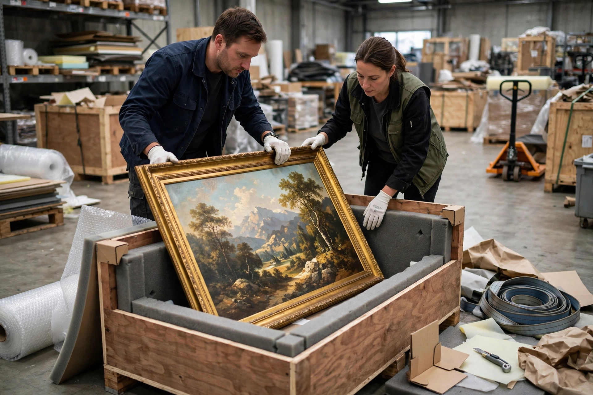 Art handlers in white gloves packing a framed painting into a custom wooden crate