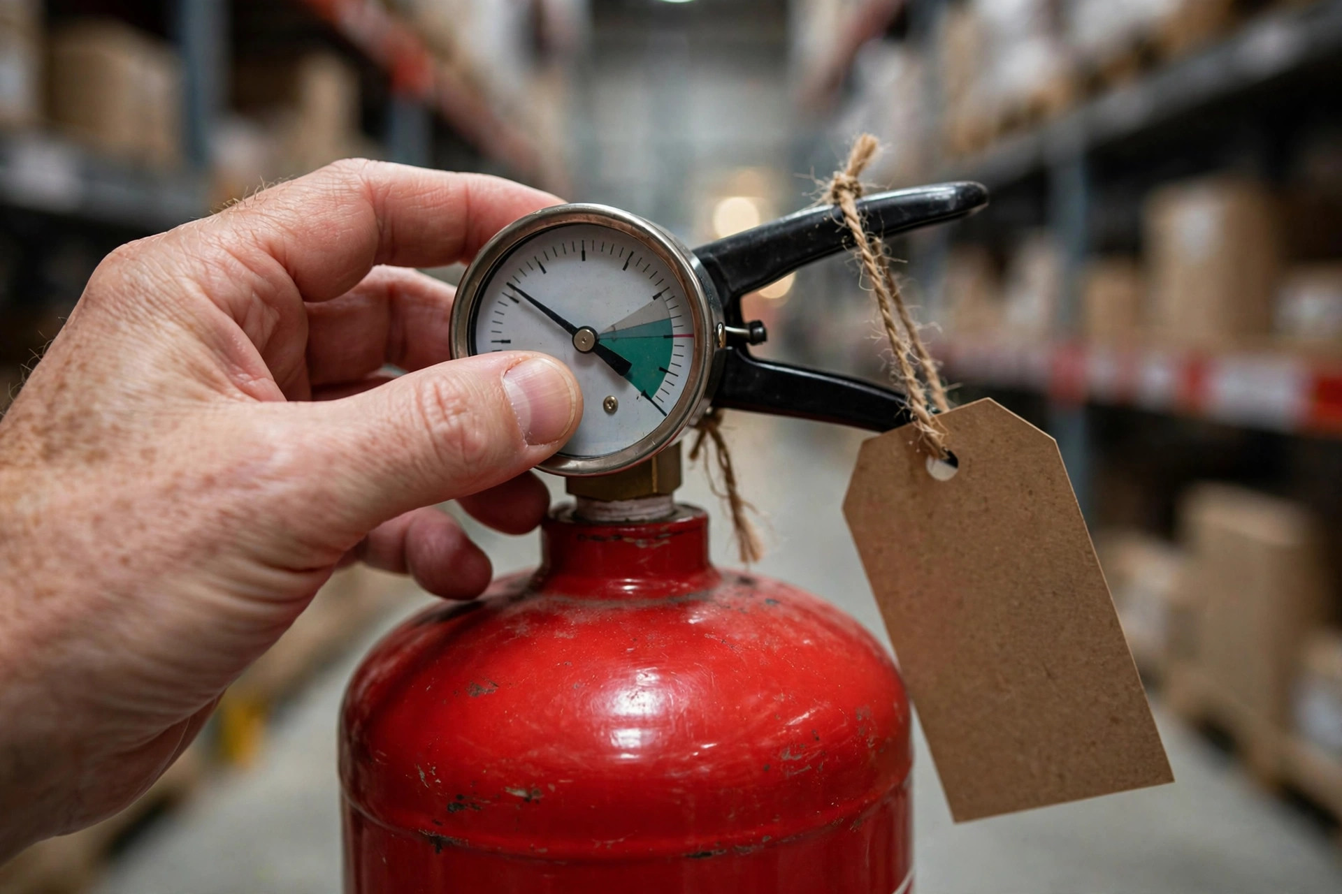 ABC dry chemical fire extinguishers mounted on a warehouse wall with inspection tags