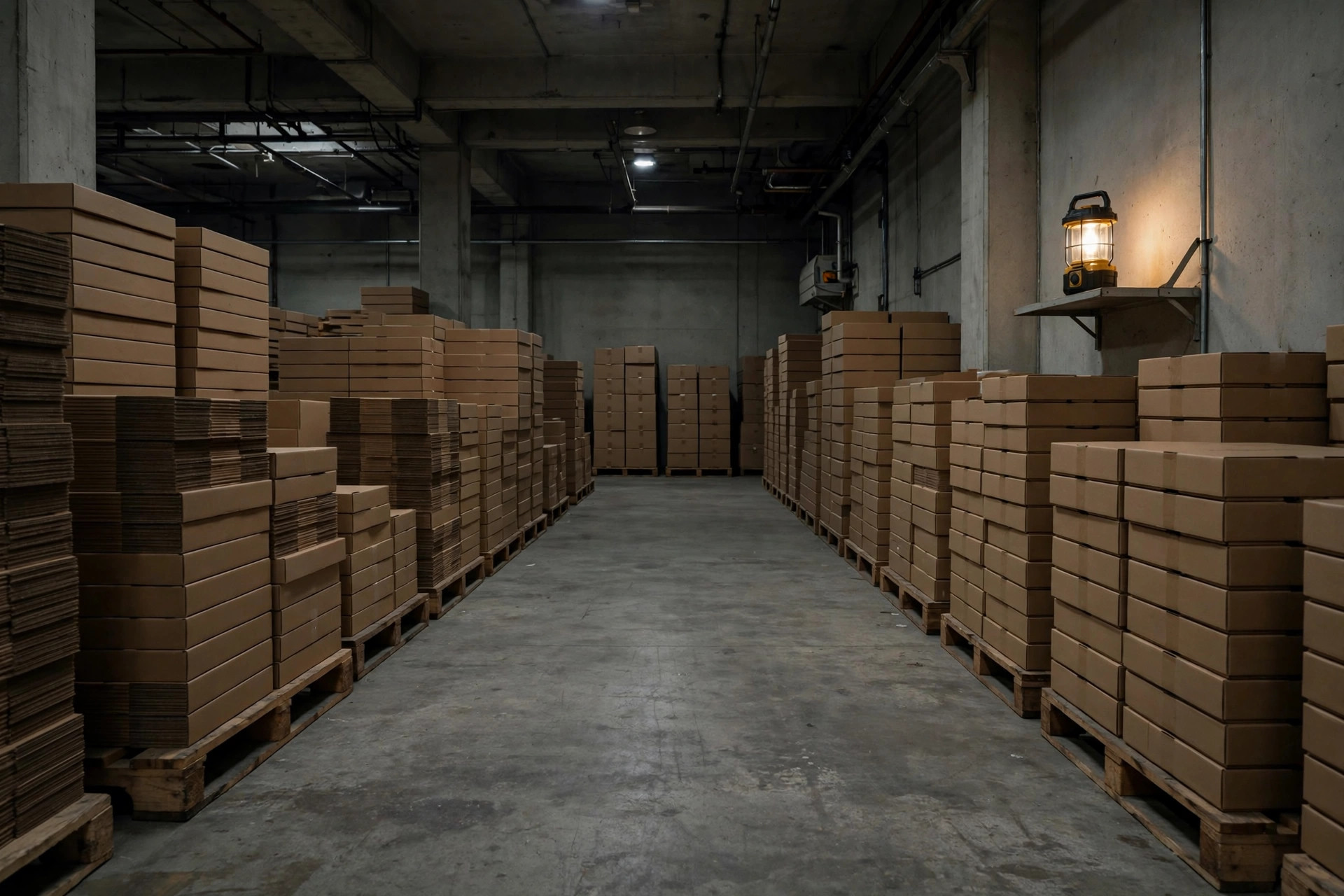 Interior of a fireworks storage magazine with stacked cases