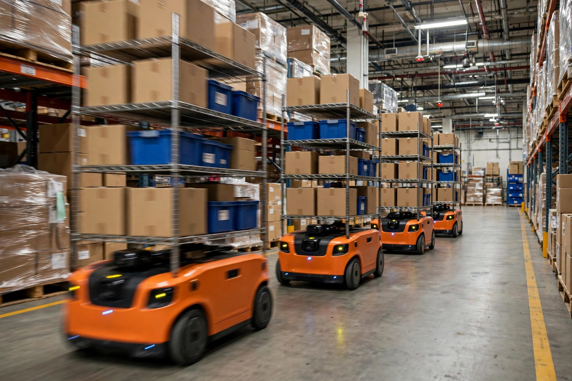 Robots AMR transportando estanterías por un pasillo de almacén