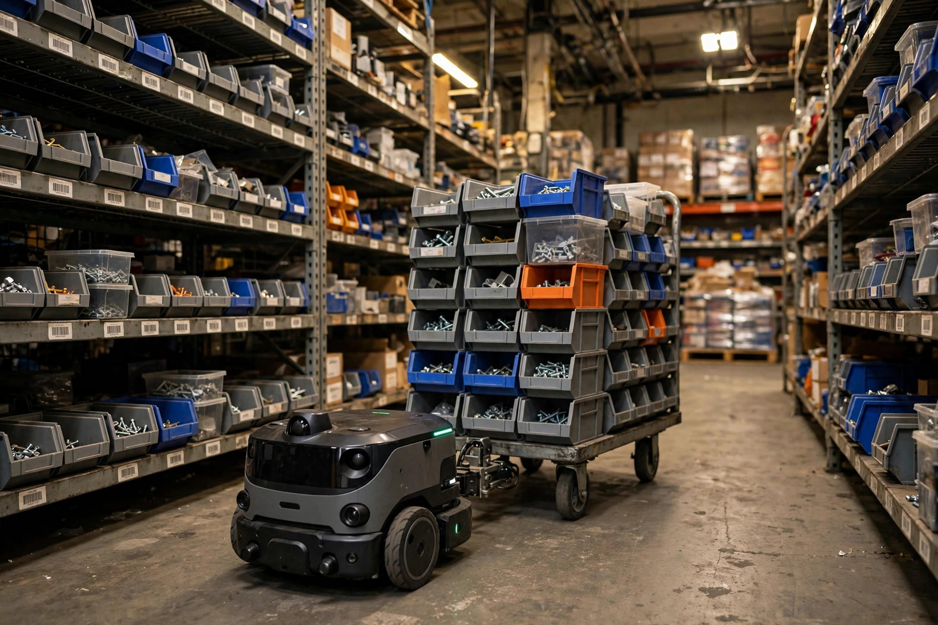 An AMR hauling parts bins along the replenishment lane toward forward pick shelves