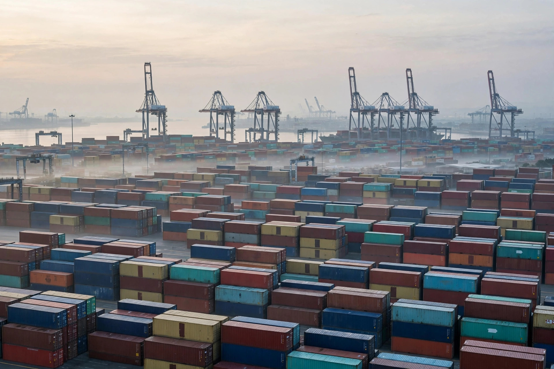 A distant view of a seaport container yard