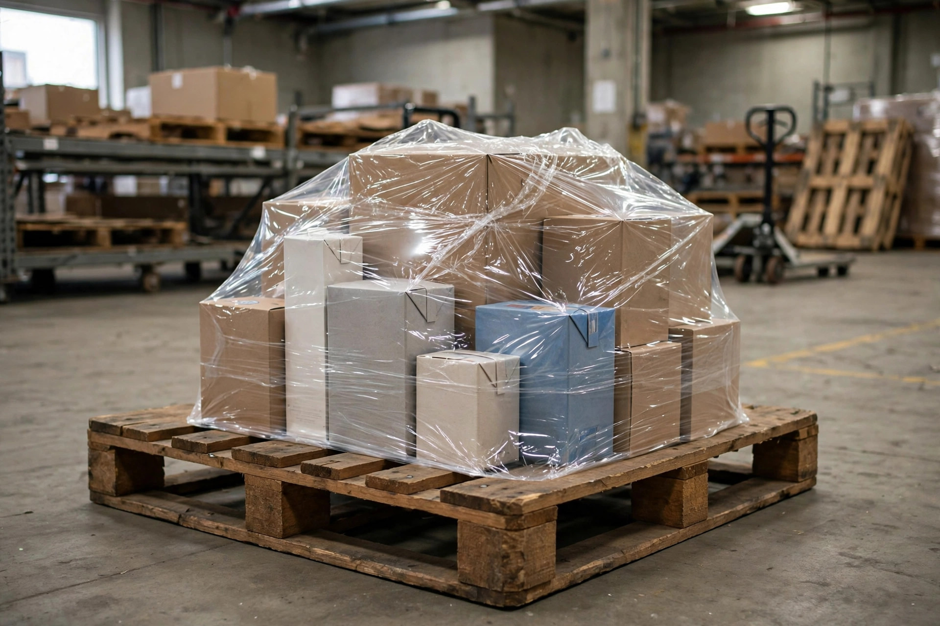 A single pallet with a small test batch of assorted product cartons shrink-wrapped in a warehouse staging area