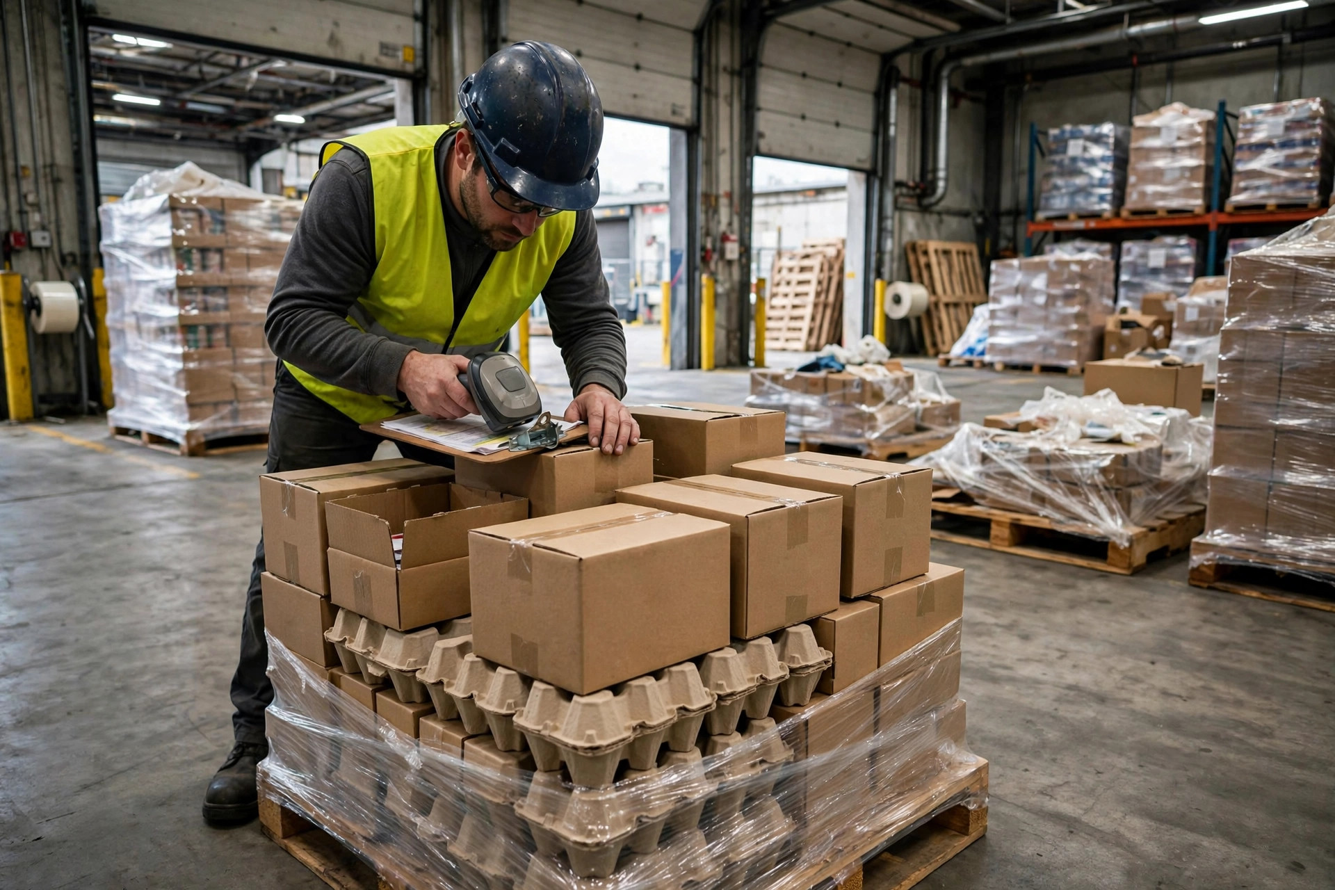 Trabajador de almacén escaneando cajas en el muelle de recepción de un 3PL