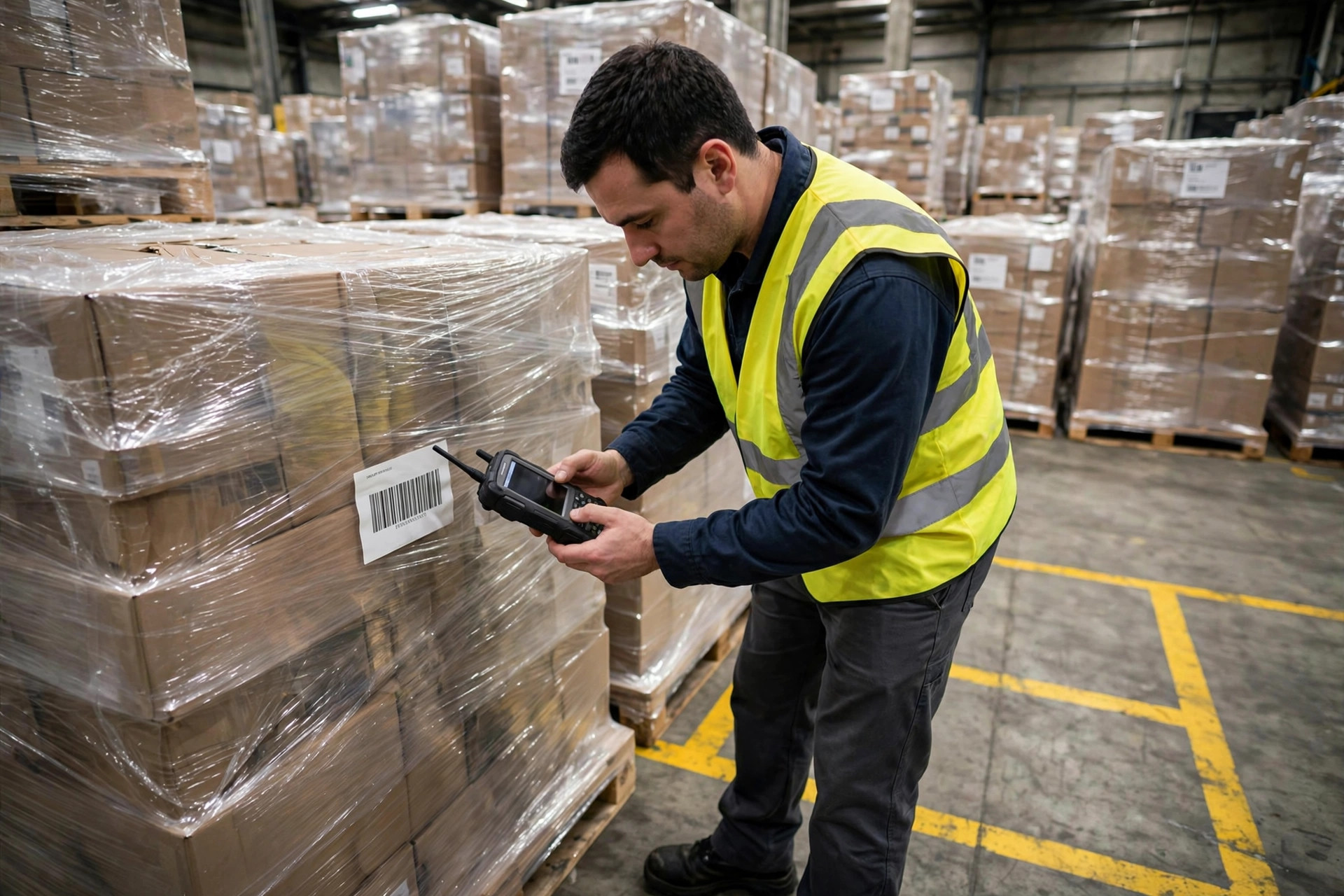 A warehouse associate scanning pallet labels with a PDA during a cycle count in a bulk stack area