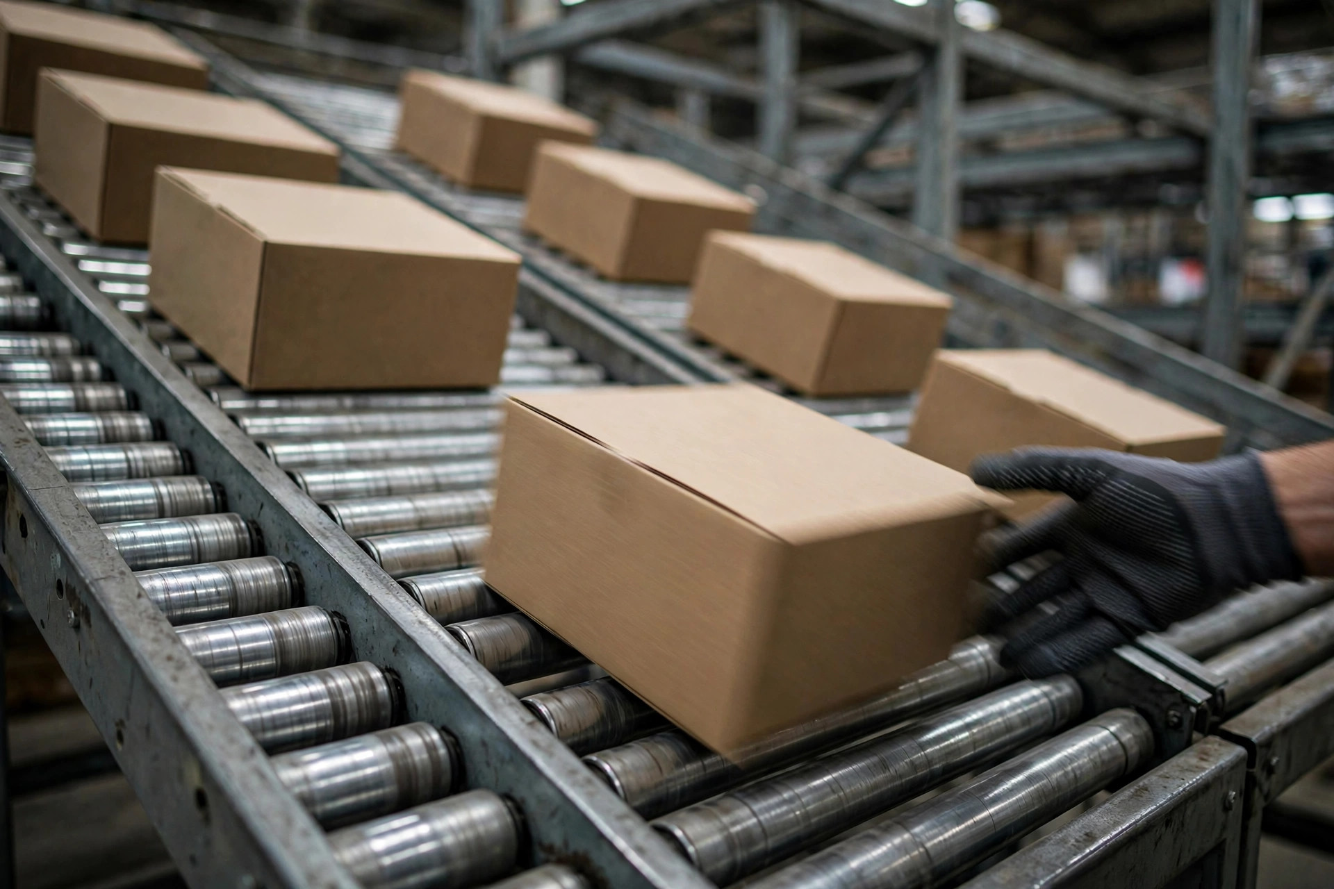 Close-up of a carton flow rack pick face with cartons on tilted roller lanes and a picker pulling a box