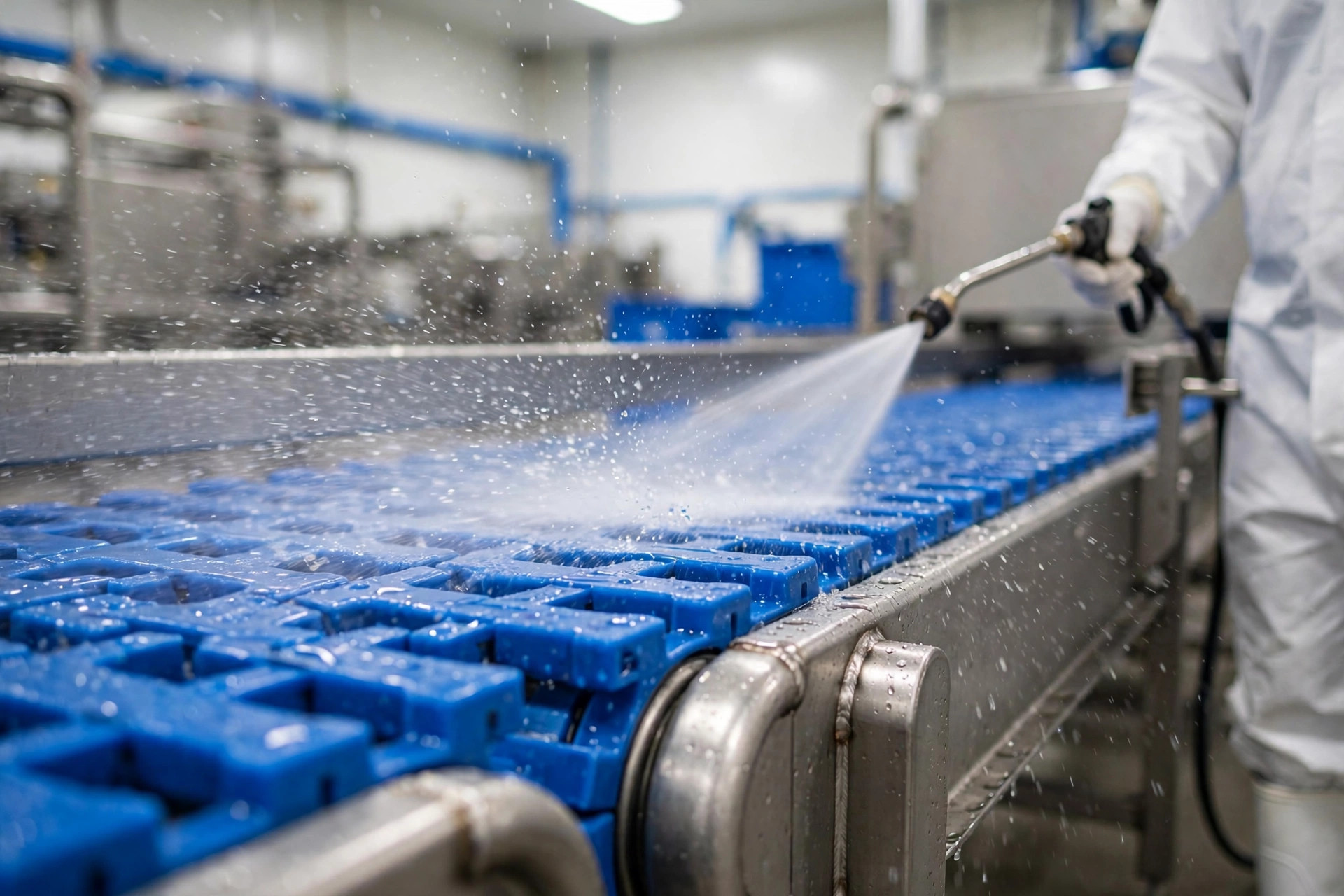 High-pressure washdown of a blue modular plastic conveyor belt