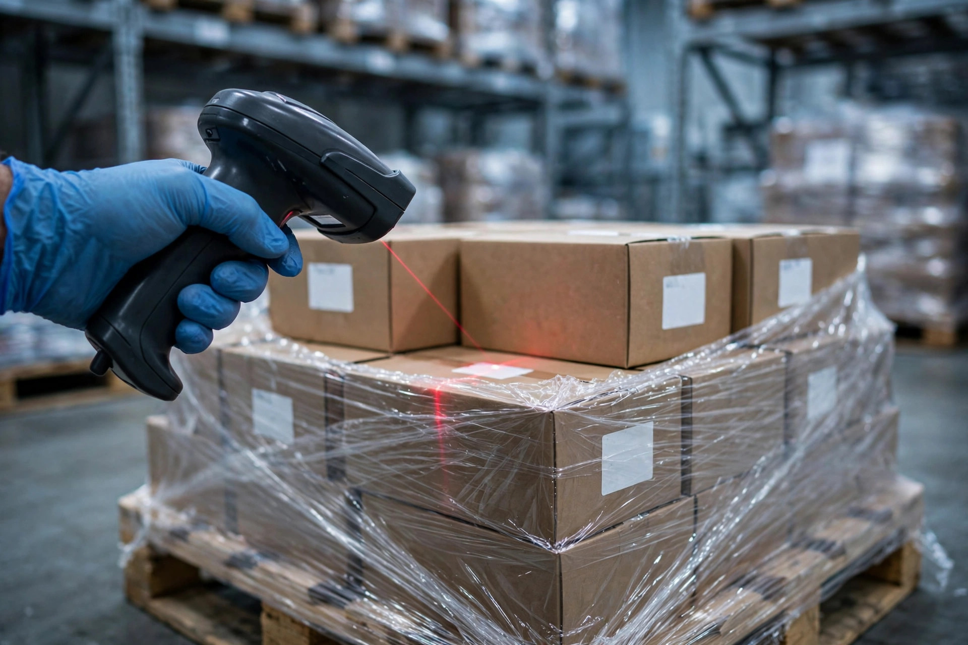 Trabajador de almacén escaneando el código de barras de un lote en cajas con un escáner de mano