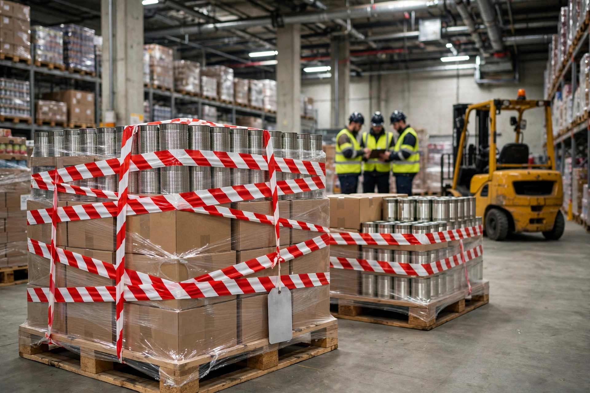 Quarantined pallets wrapped in caution tape with a hold tag in a food warehouse