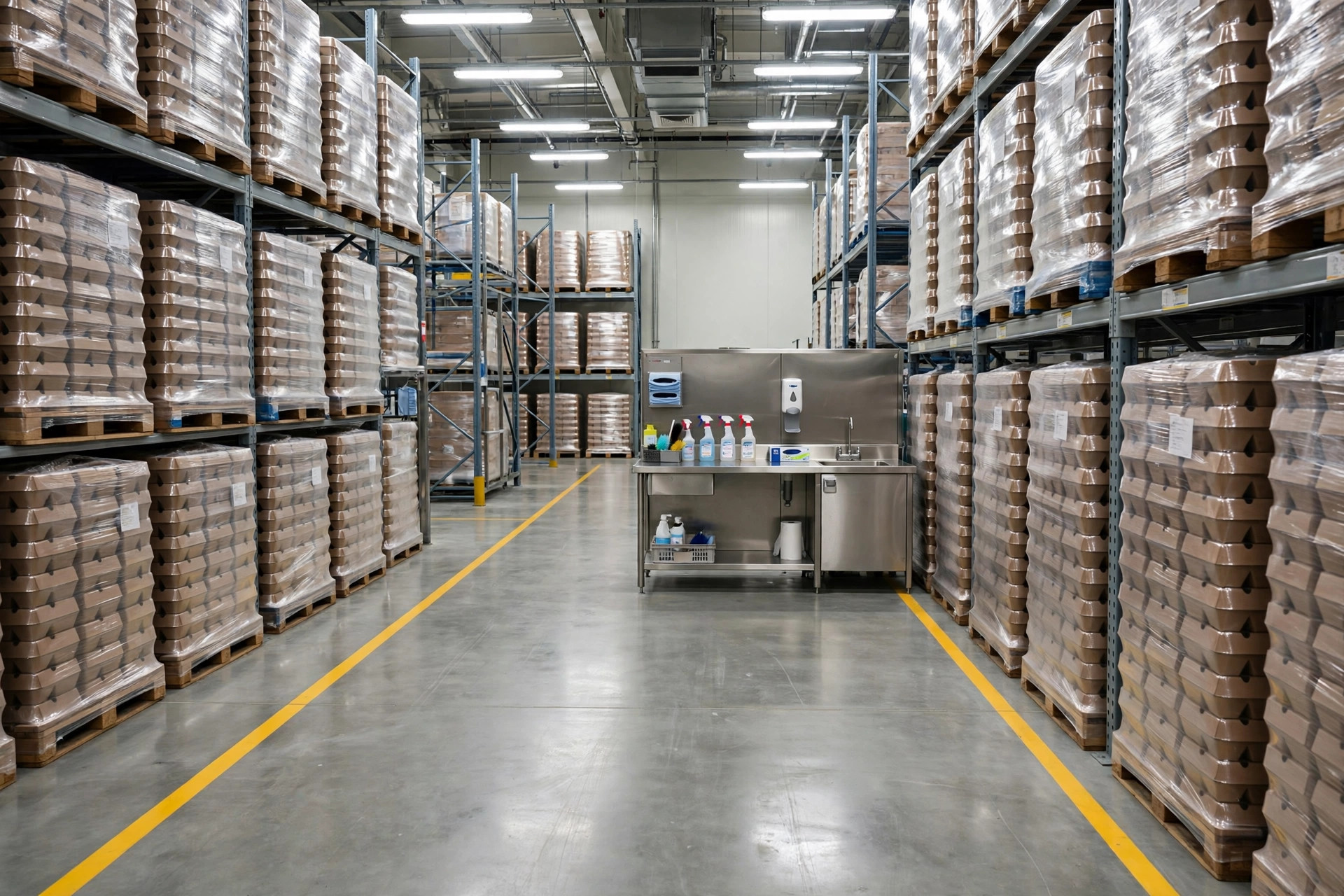 QA technician swabbing a stainless steel surface in a food warehouse
