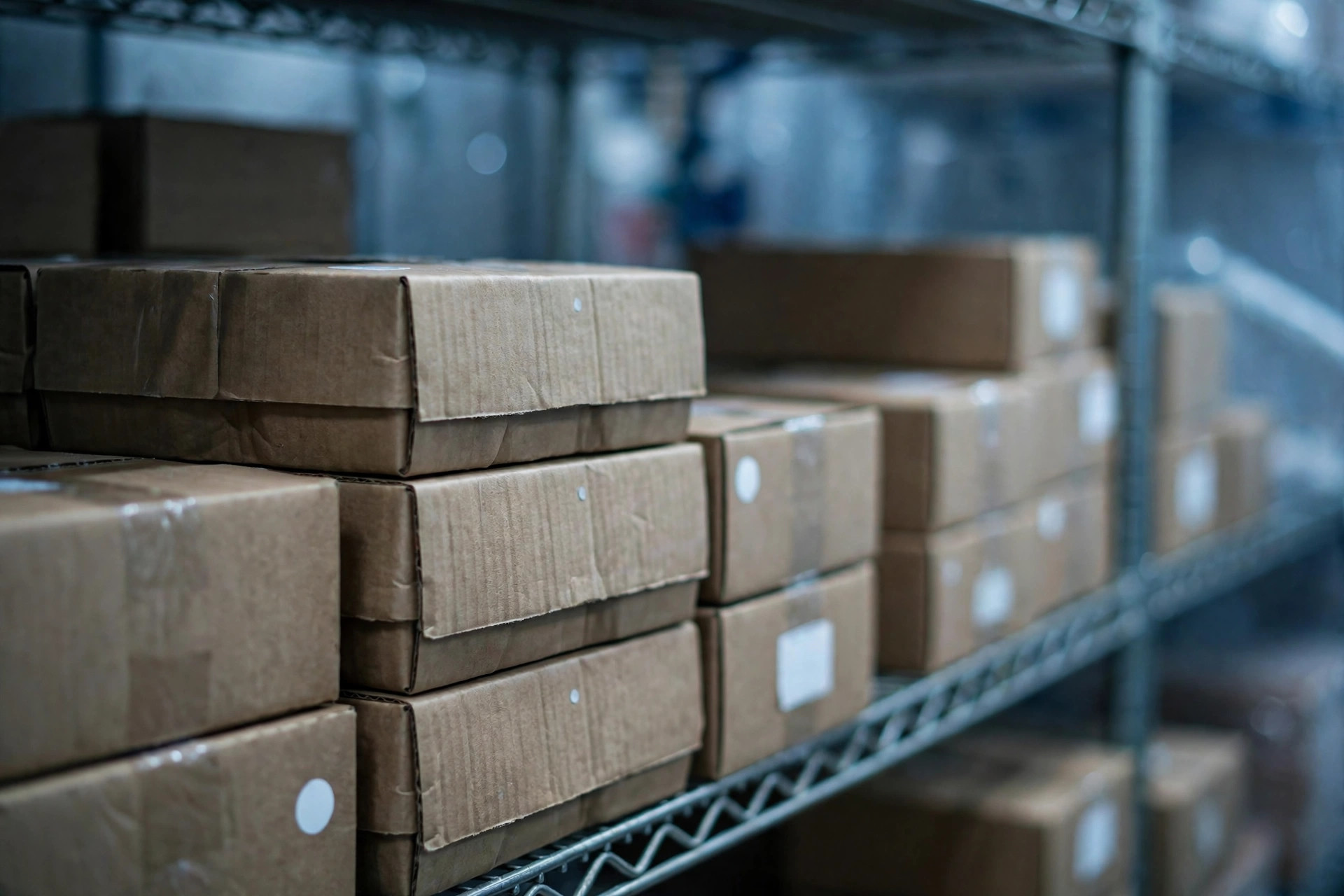 Cajas apiladas con orden en estantería de almacén de alimentos, con etiquetas de fecha apenas visibles