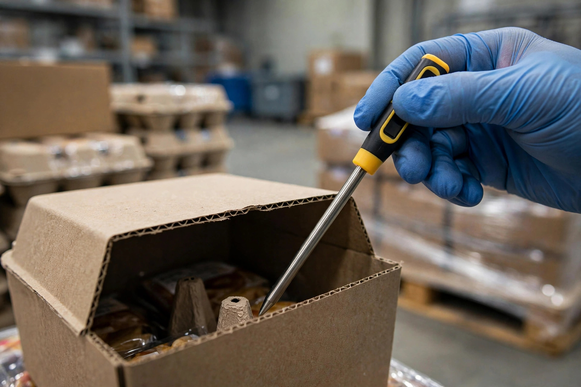 A QC inspector checking temperatures of inbound food cartons with an infrared thermometer