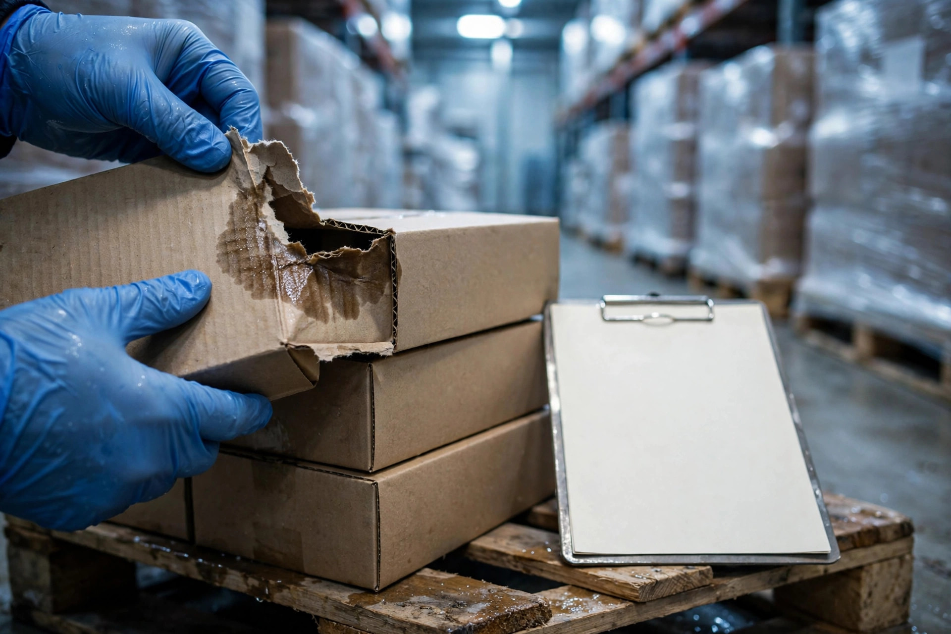 Inspector examining damaged food cartons on a pallet for packaging integrity, with a receiving checklist clipboard nearby