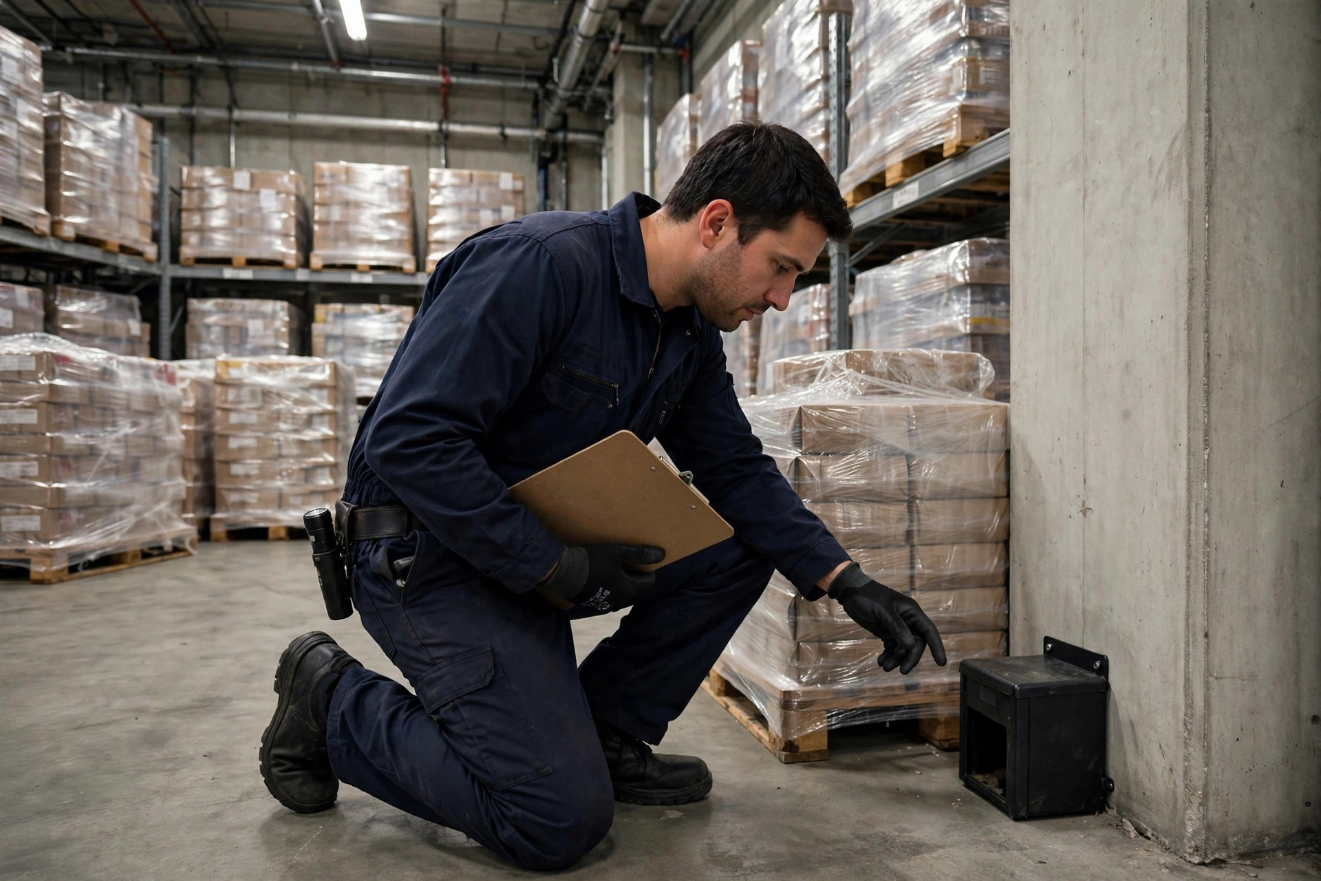 Técnico de control de plagas inspeccionando una estación de monitoreo en un almacén de alimentos