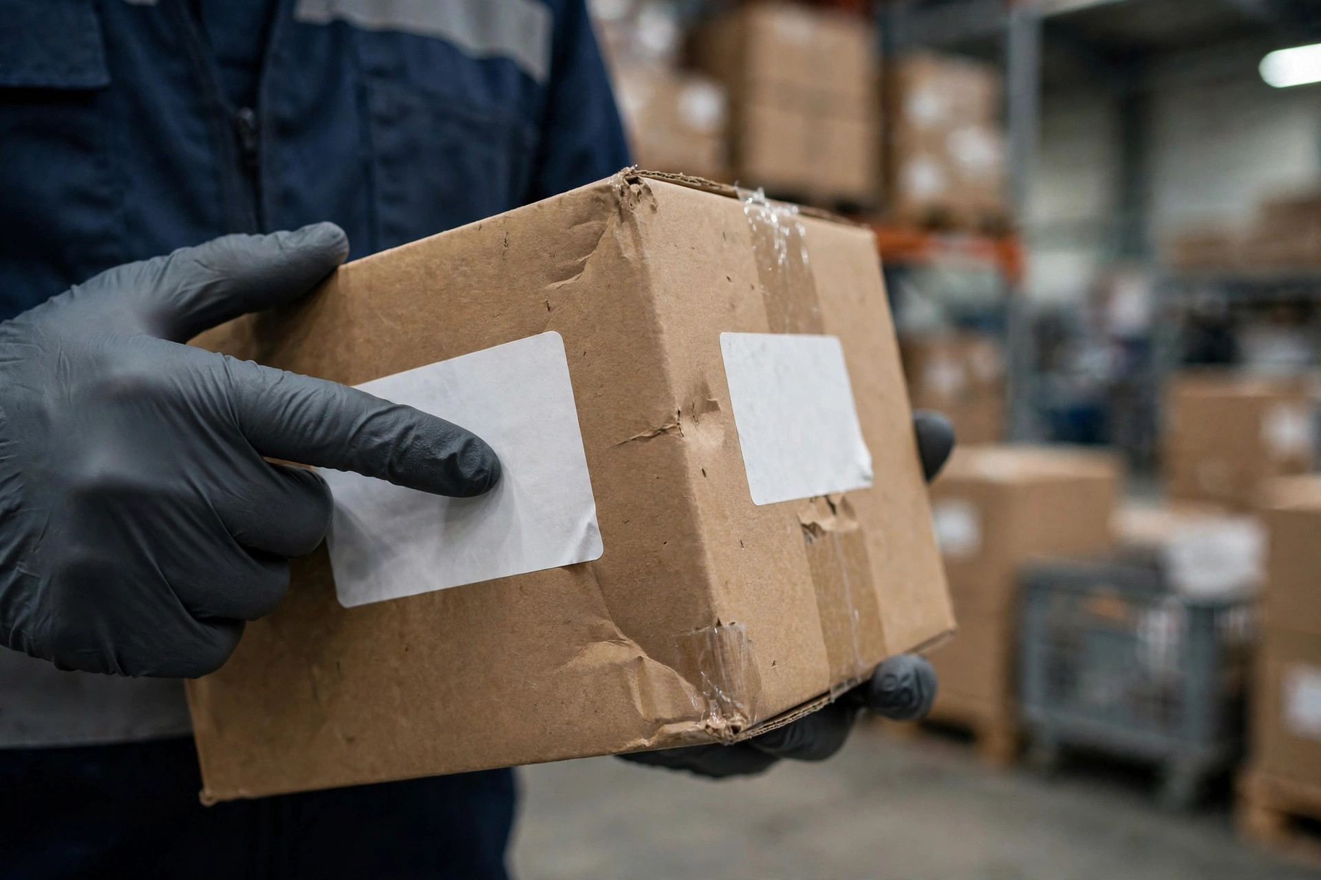 Inspector de almacén con guantes revisando el exterior y las etiquetas de cajas de alimentos devueltas