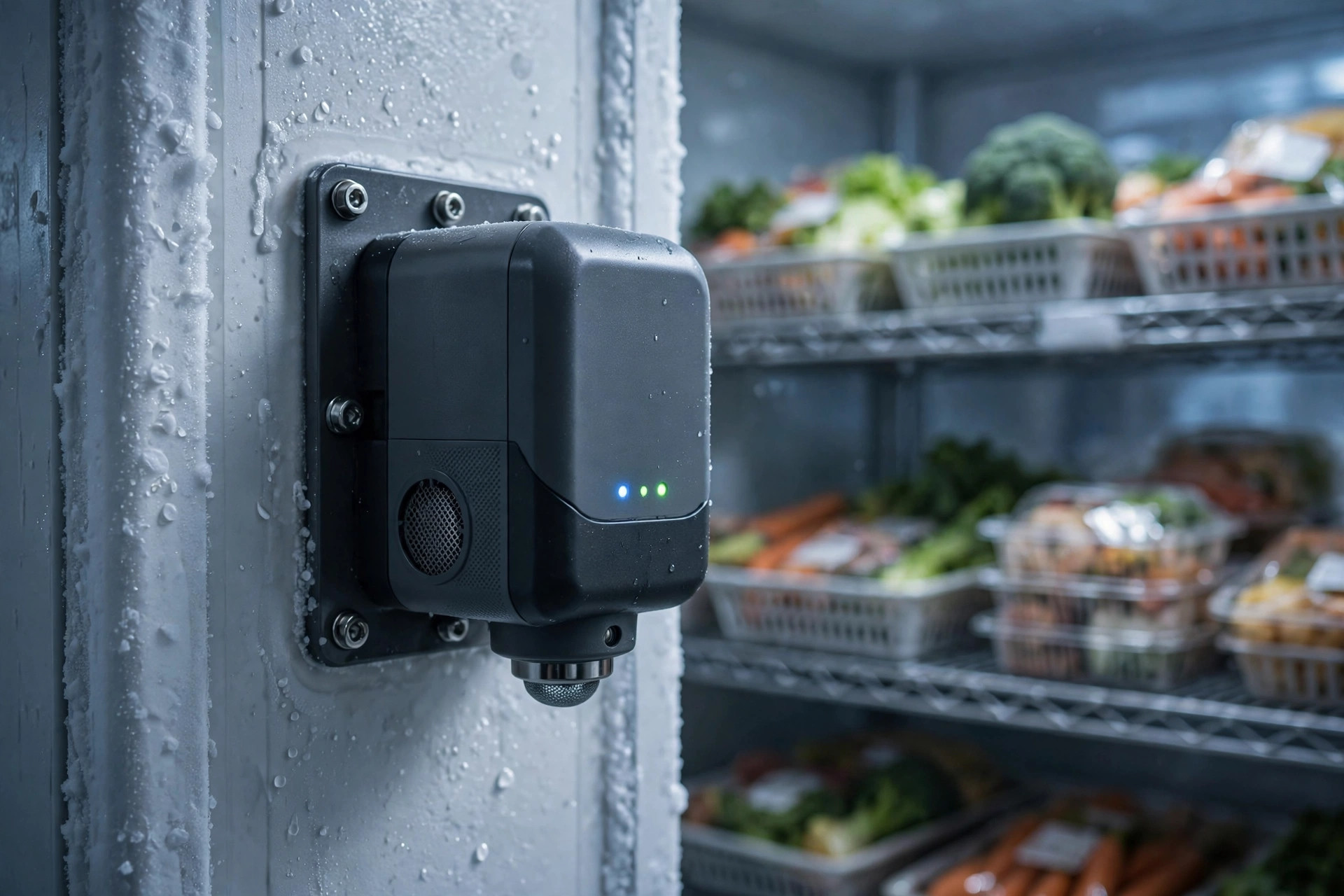 Primer plano de un sensor de monitoreo de temperatura y humedad en una pared de almacenamiento en frío