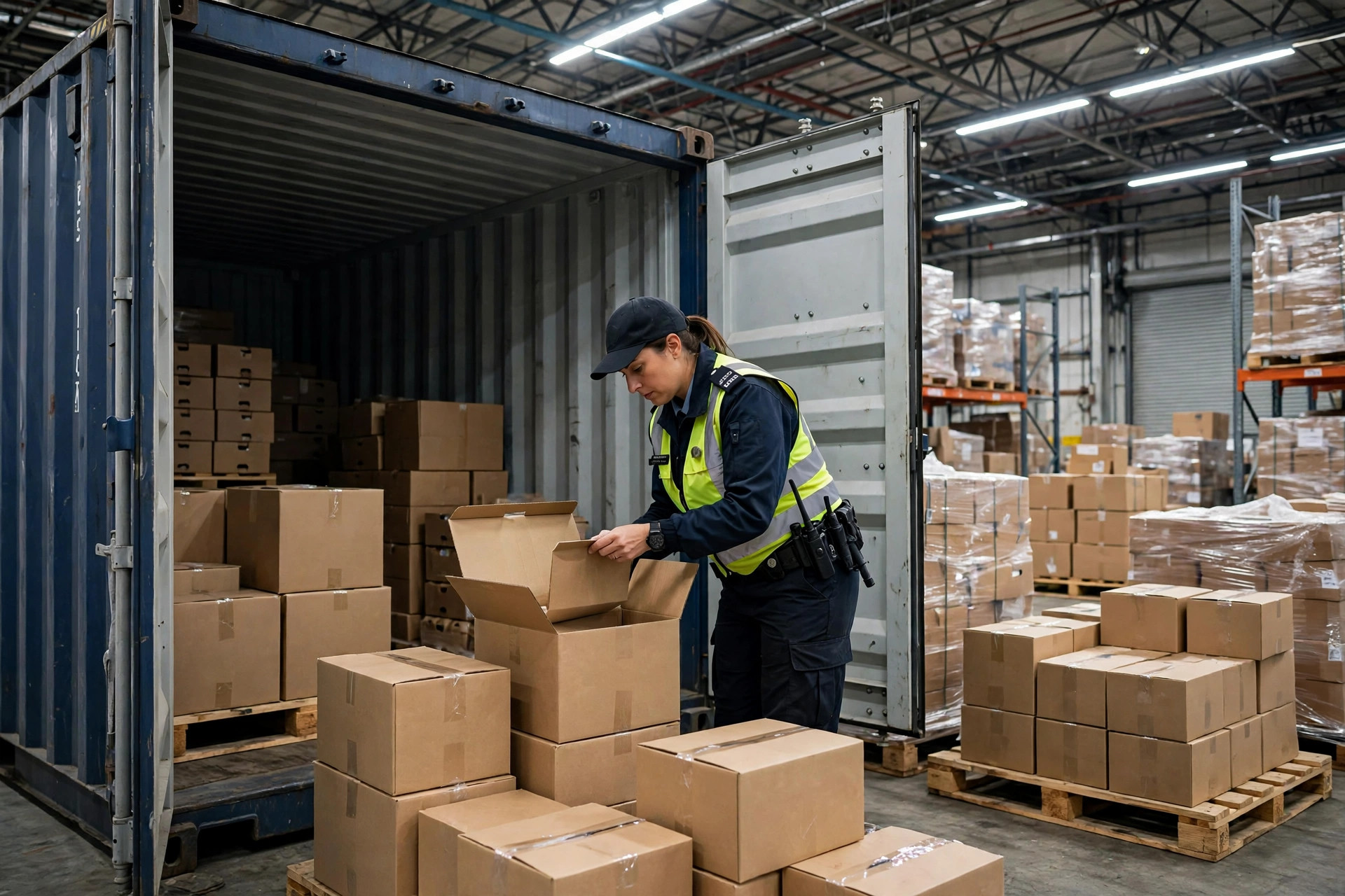 Forklift moving pallets of uncleared imported goods inside a foreign trade zone warehouse