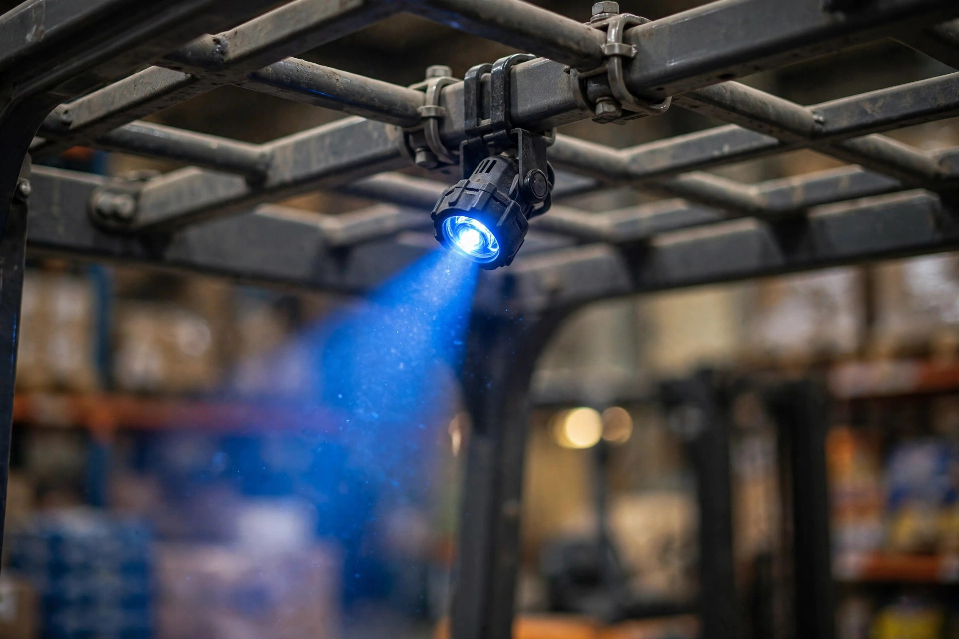 Close-up of blue LED safety light on a forklift