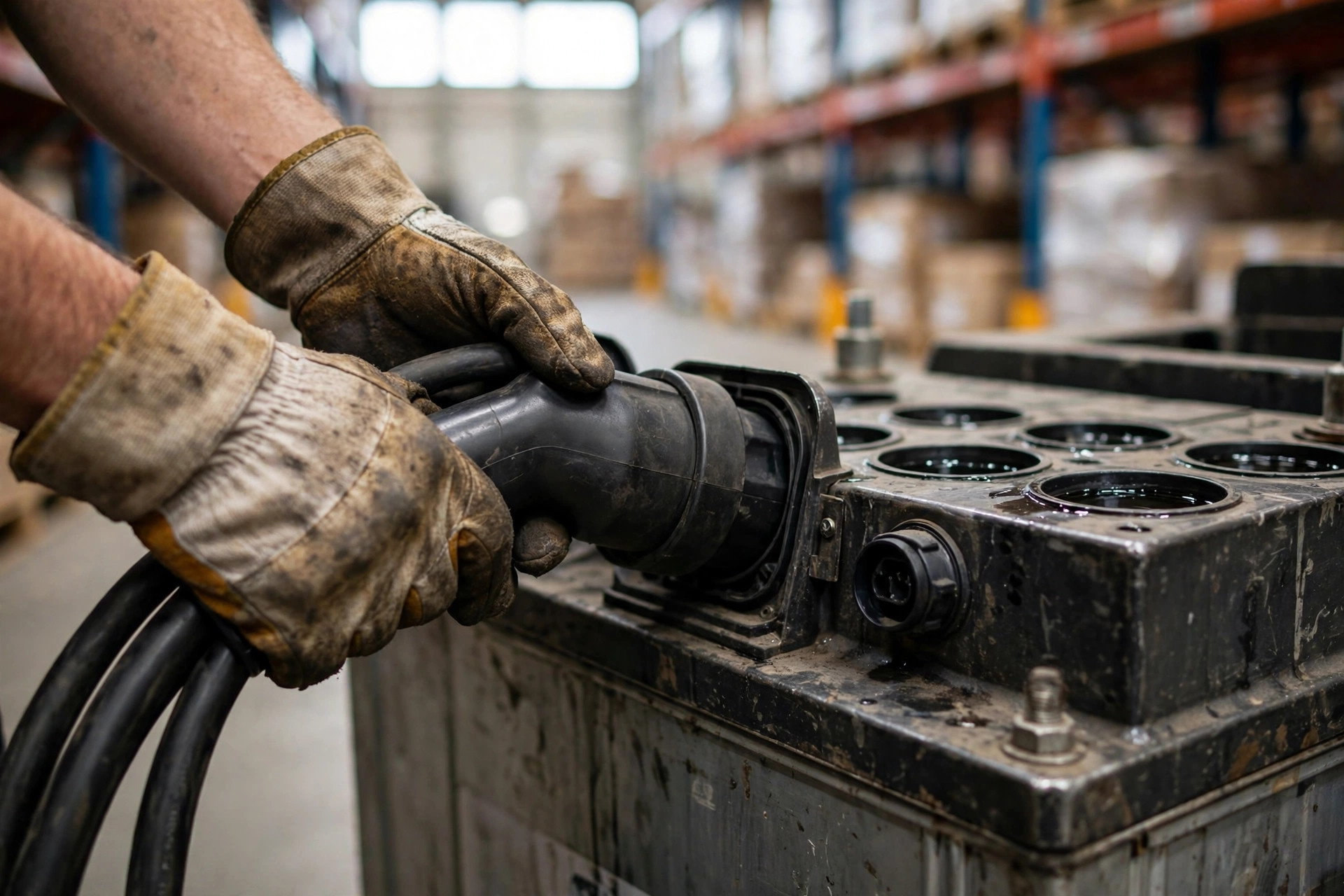 A worker plugging the charging connector into a lead-acid forklift battery