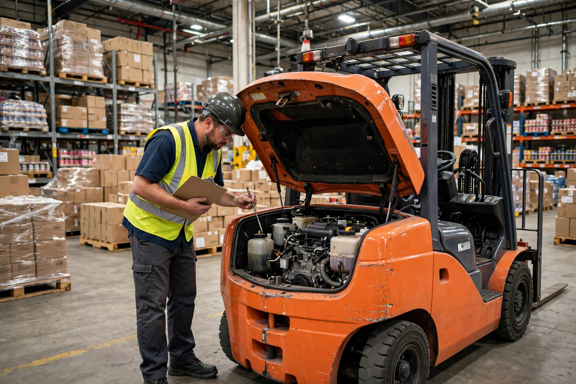 A warehouse worker performing a forklift pre-shift inspection