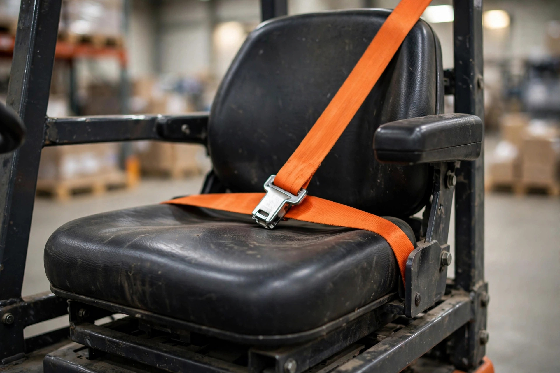 Close-up of a fastened forklift seatbelt on the operator seat