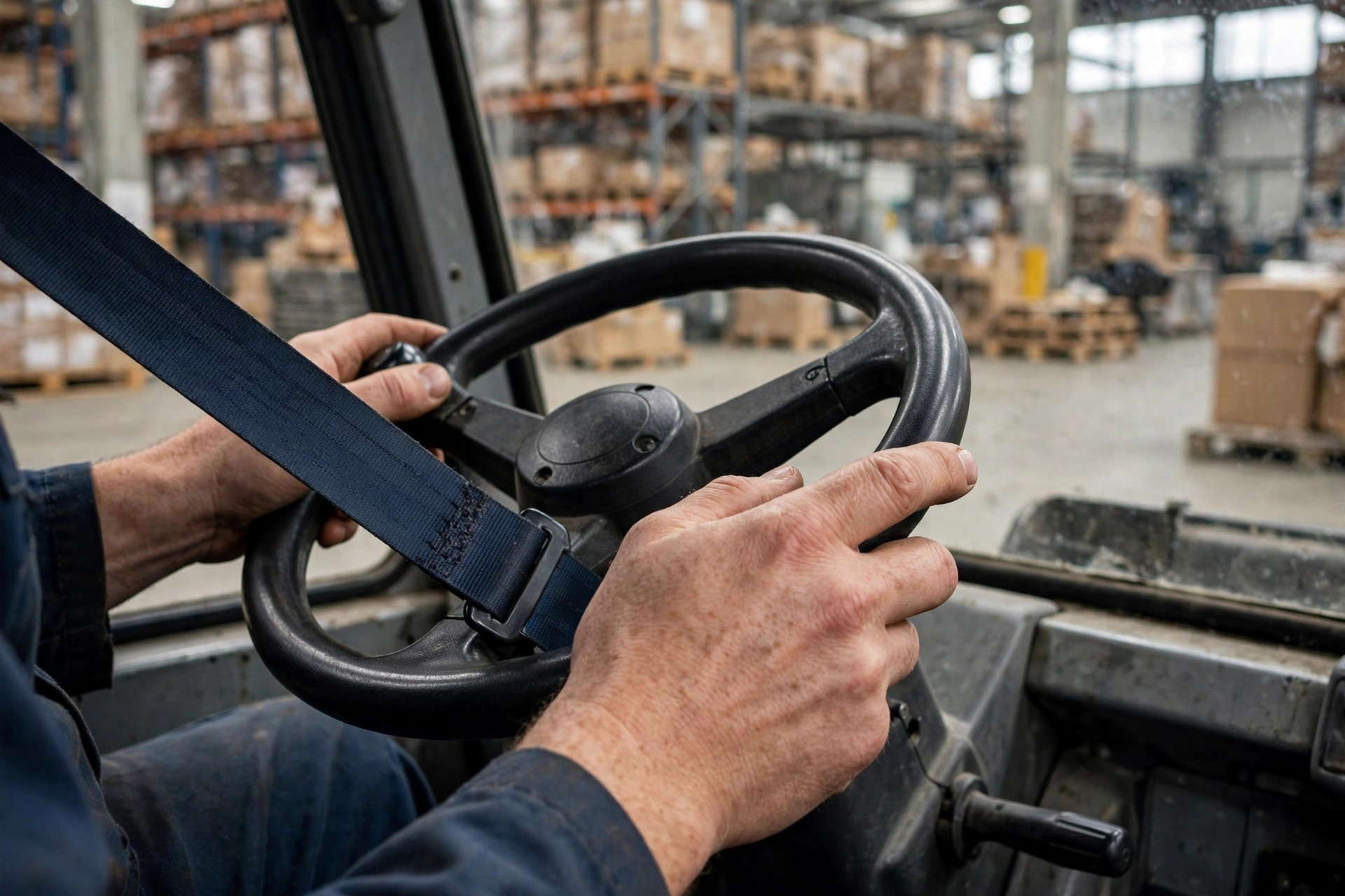Close-up of a forklift operator's hands on the steering wheel, seatbelt fastened