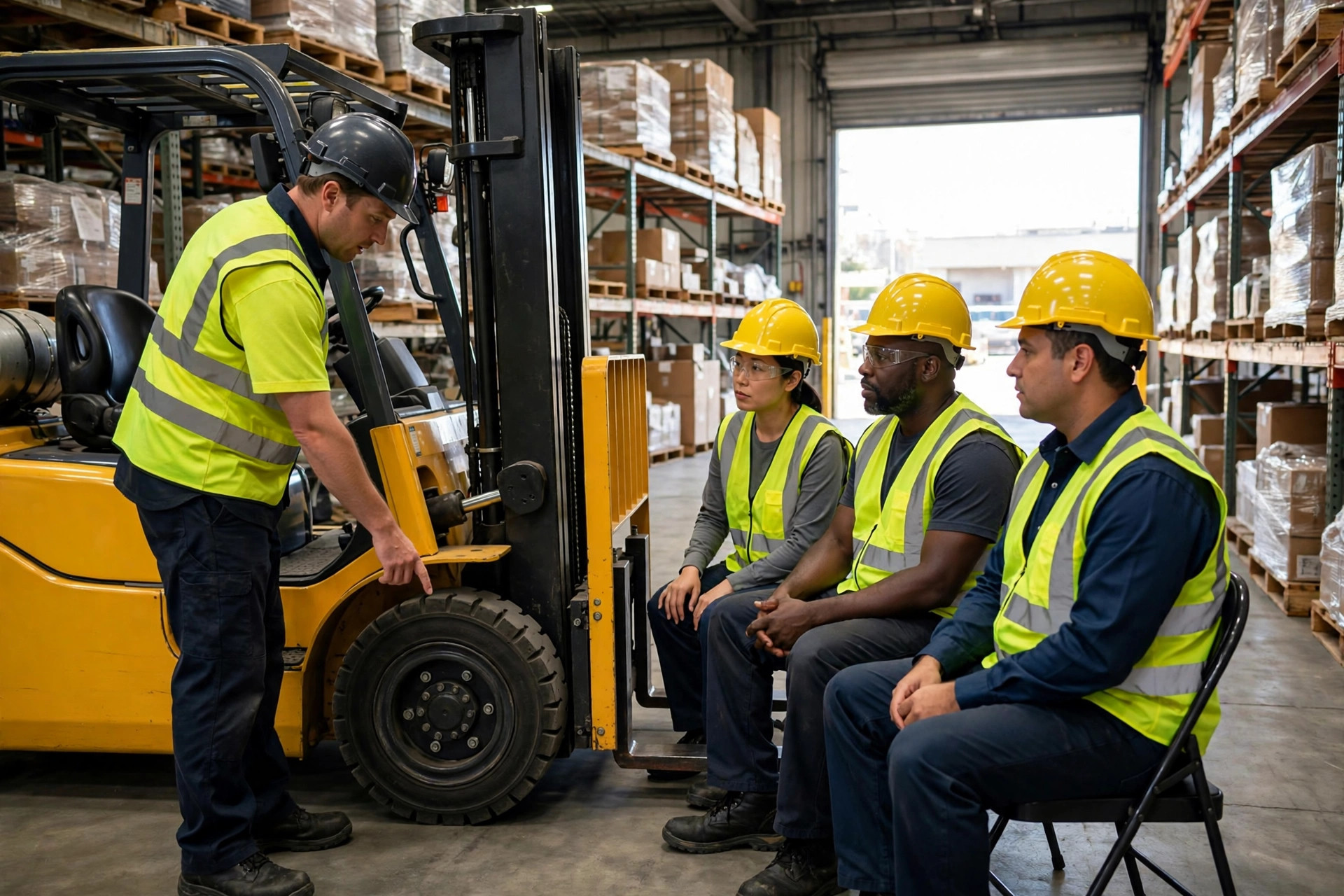 Forklift safety training session on a warehouse floor