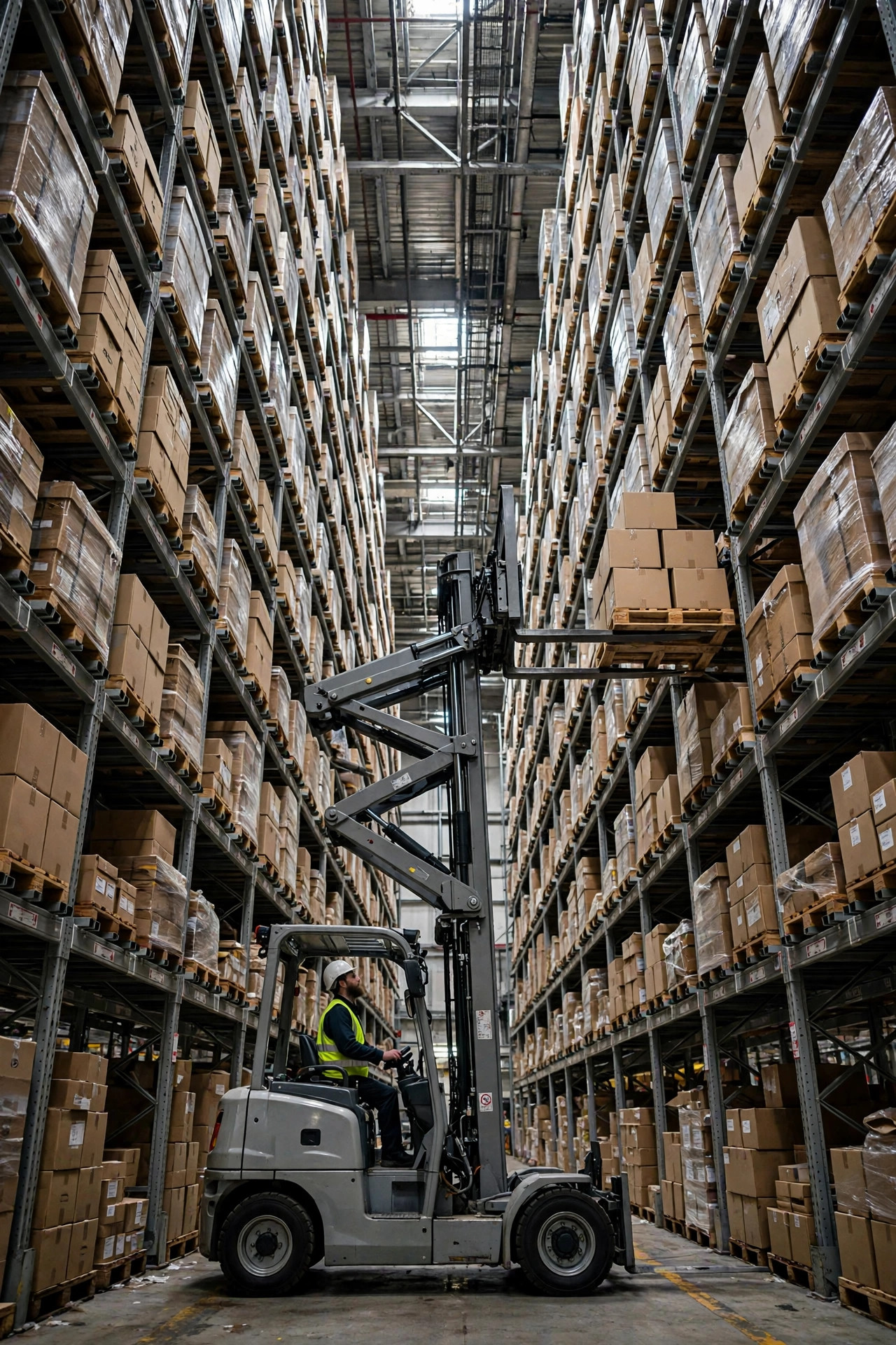 Reach truck retrieving a pallet from high-bay racking