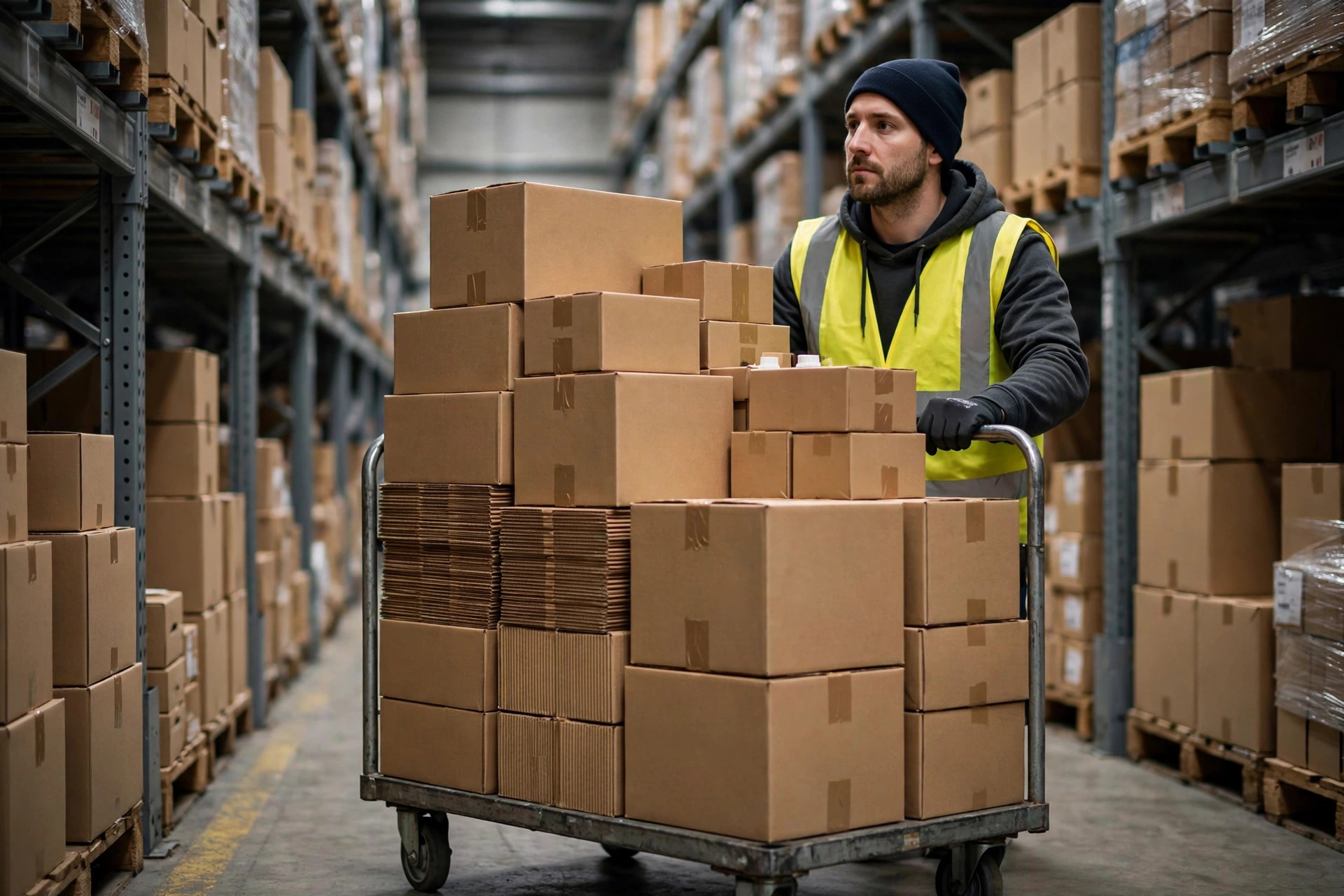 A worker pushing a replenishment cart through a pick aisle
