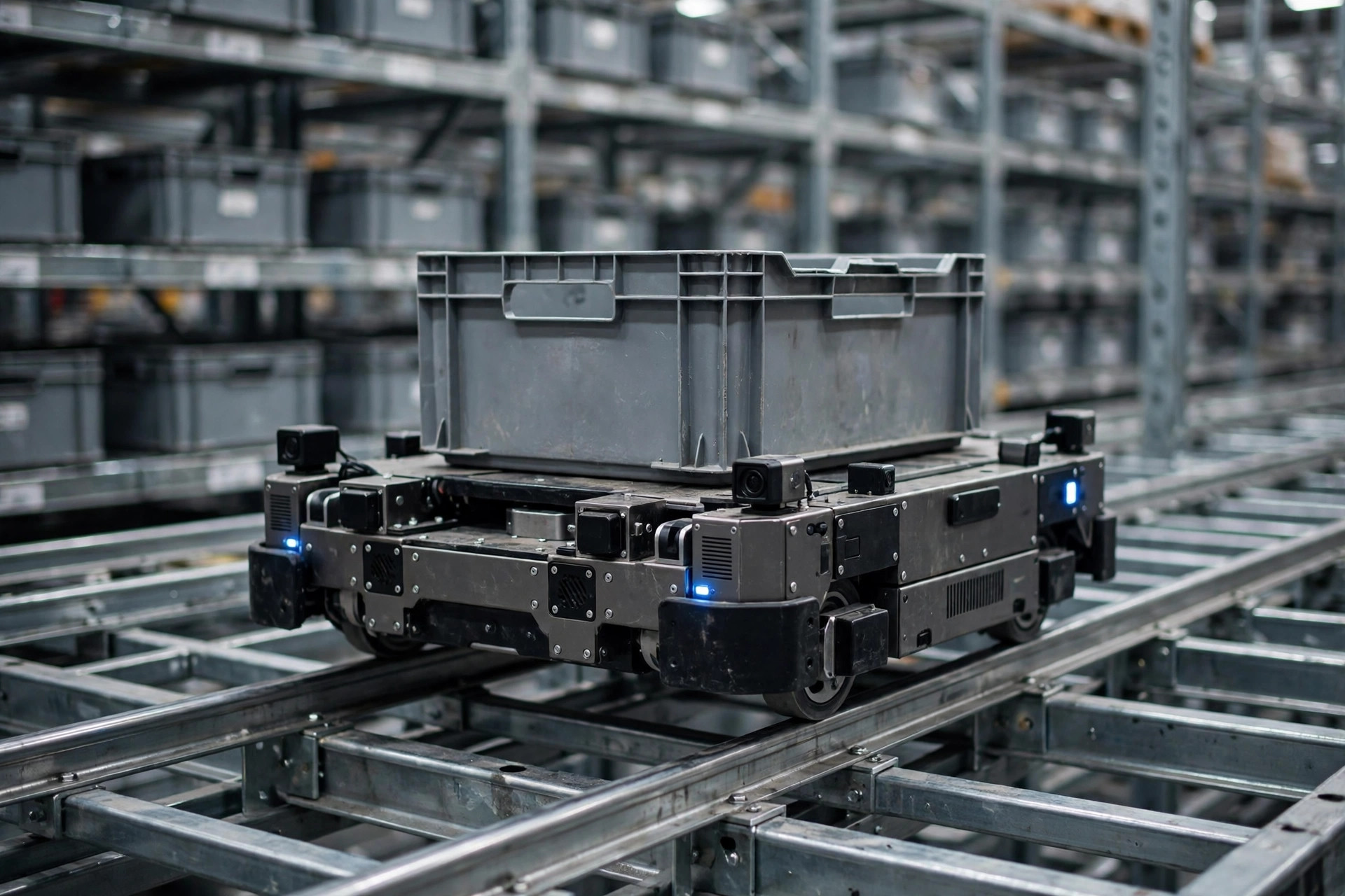 Un robot transbordador de cuatro vías transportando un contenedor por rieles en un estante de almacenamiento denso