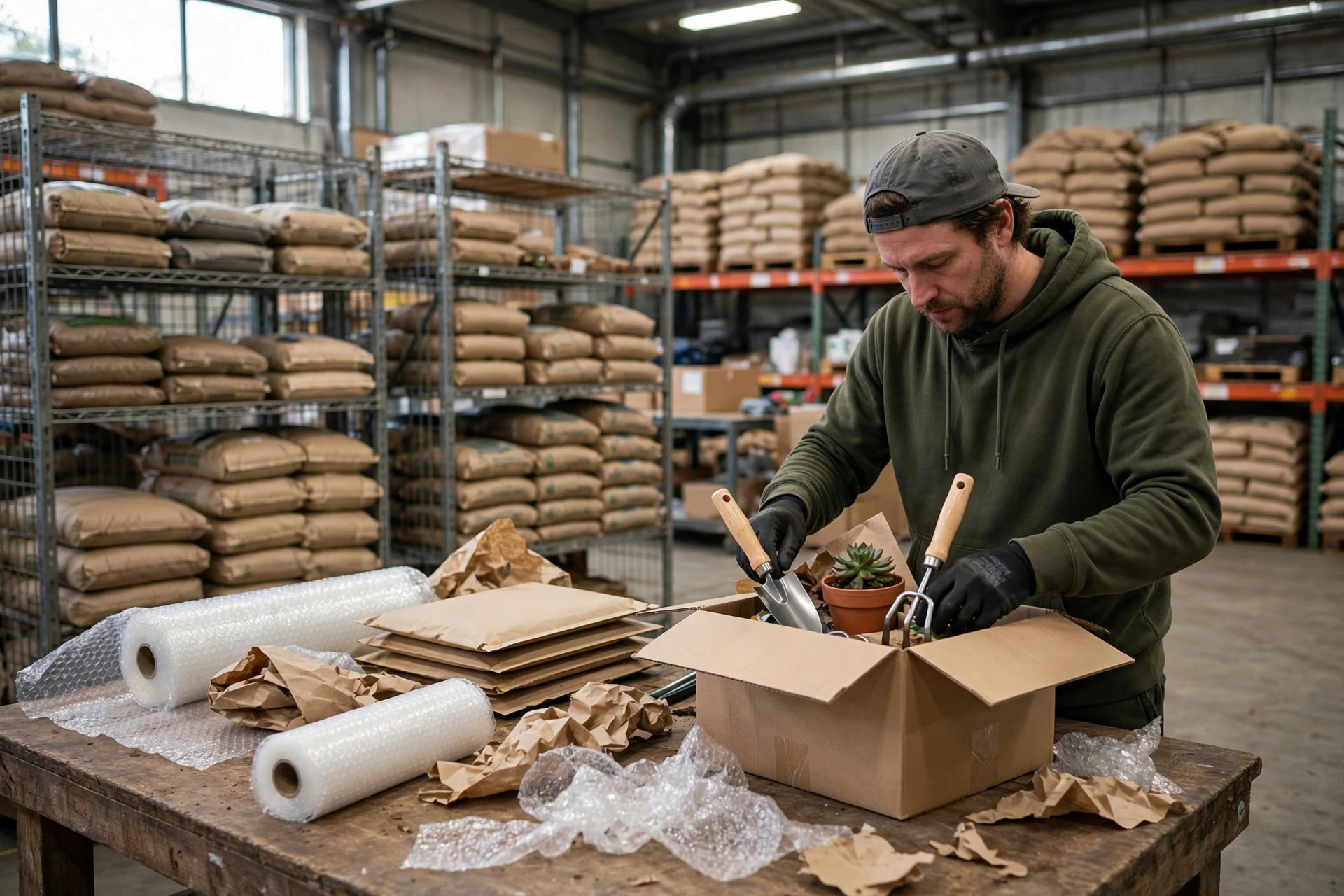 Worker packing garden tools and pots at a packing station