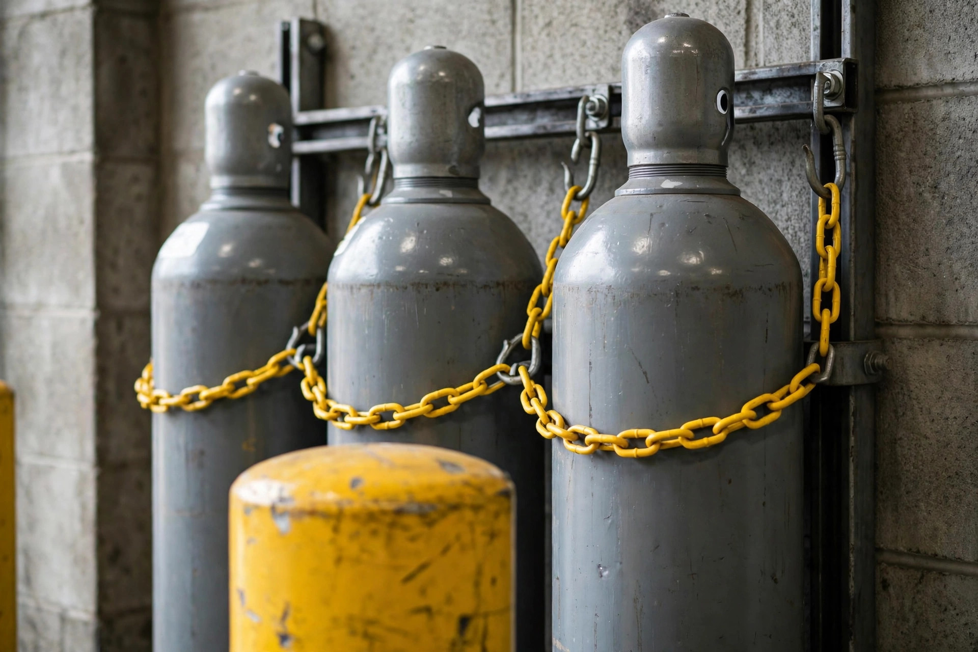 Cilindros de gas verticales asegurados con cadenas amarillas de seguridad