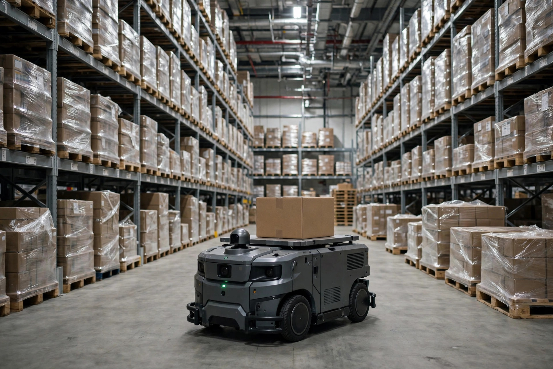 Un robot AMR operando en un pasillo de almacén