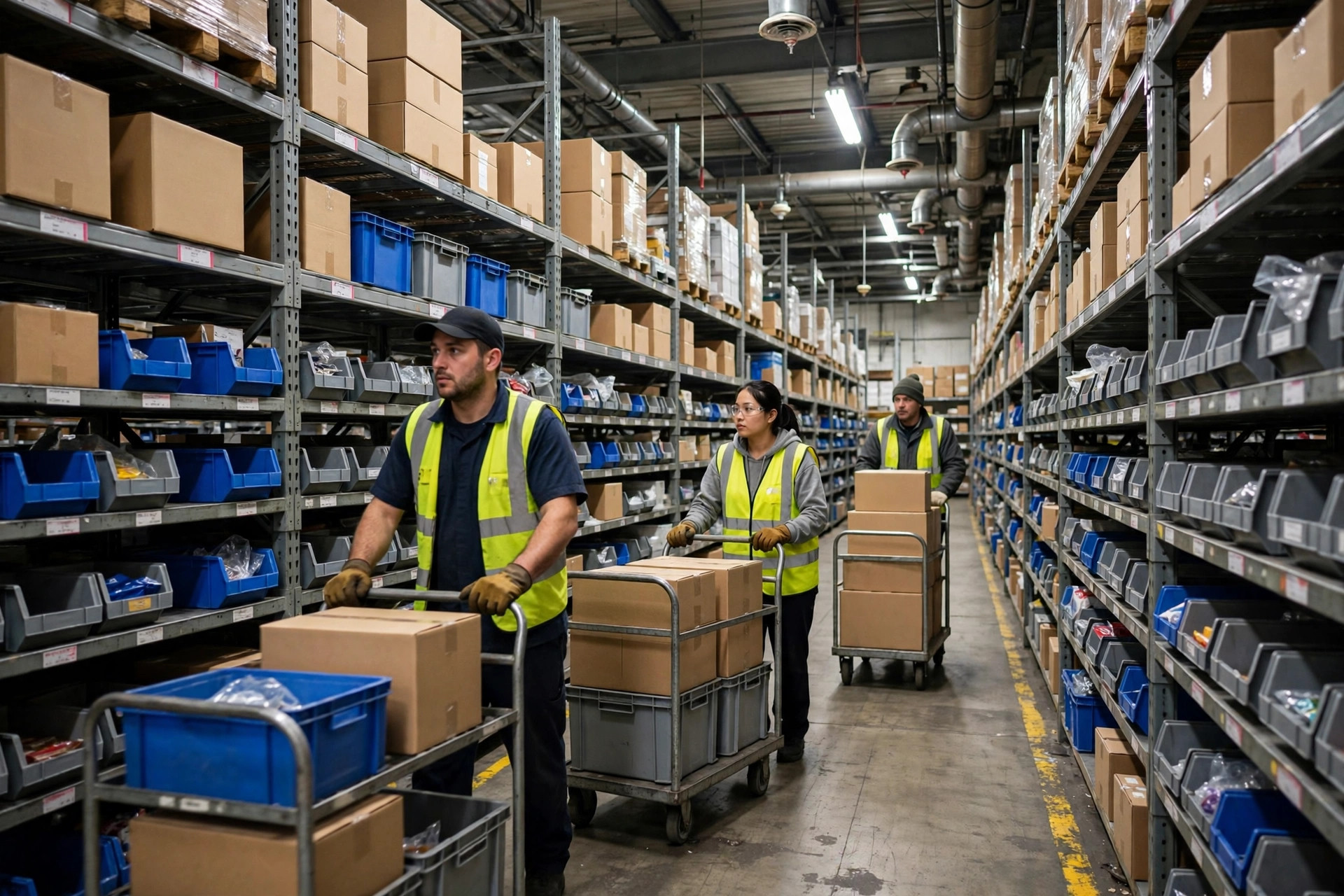 Traditional person-to-goods manual picking aisle with workers and carts