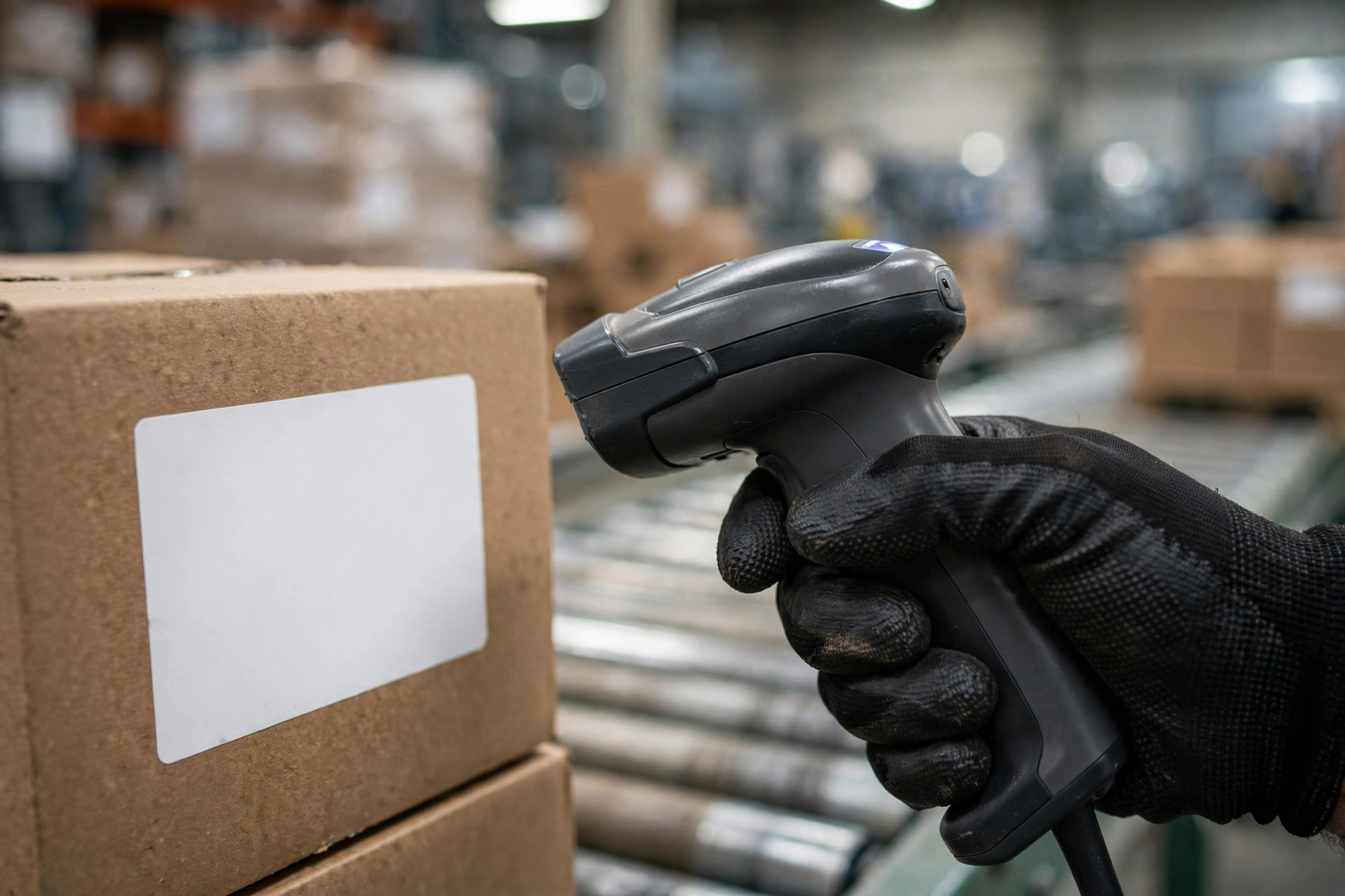 A worker at a packing station scanning a case label with a handheld scanner