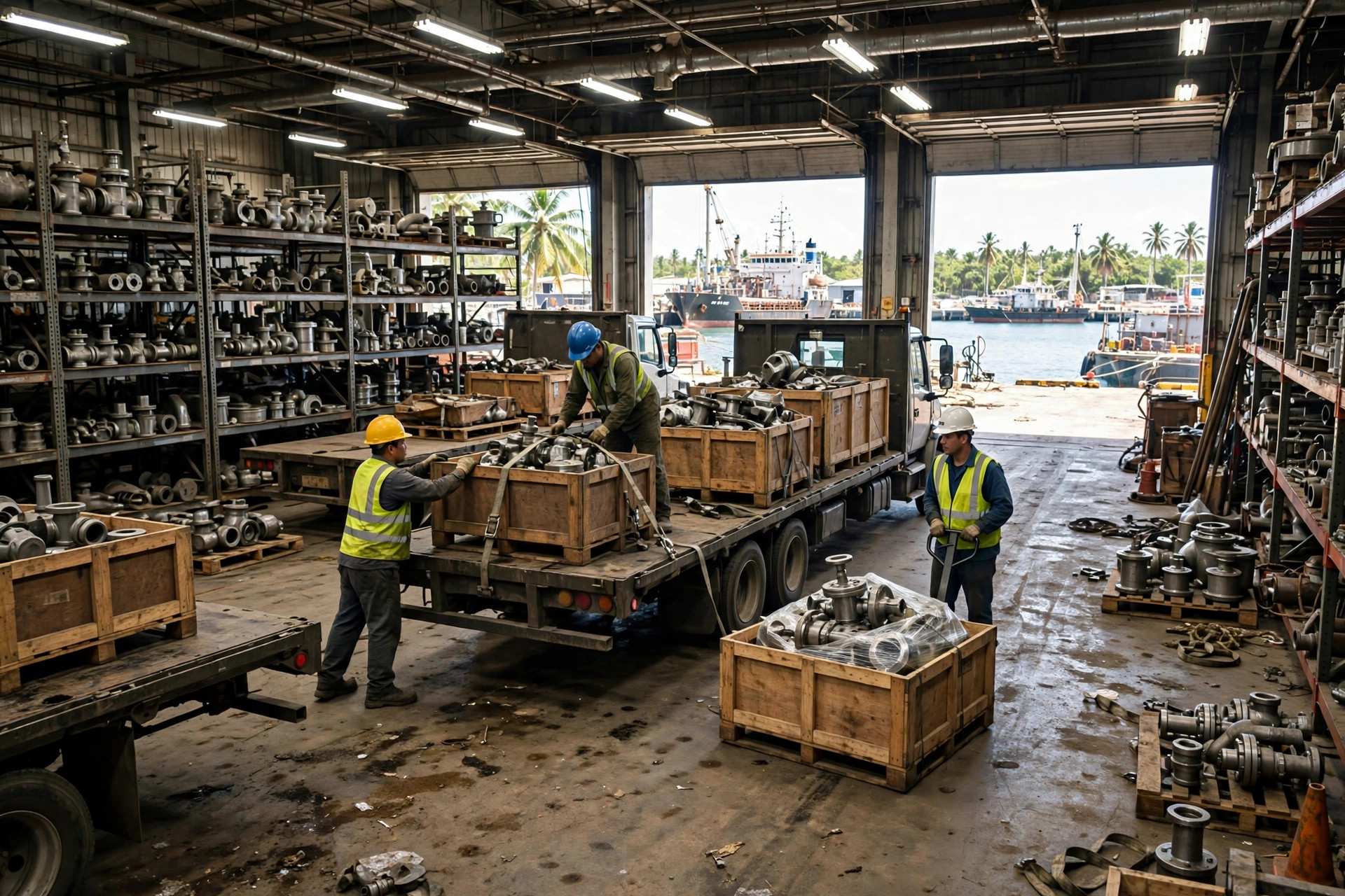 Aerial view of a pipe yard at a tropical shore base, steel pipes stacked in rows with supply vessels in the distance
