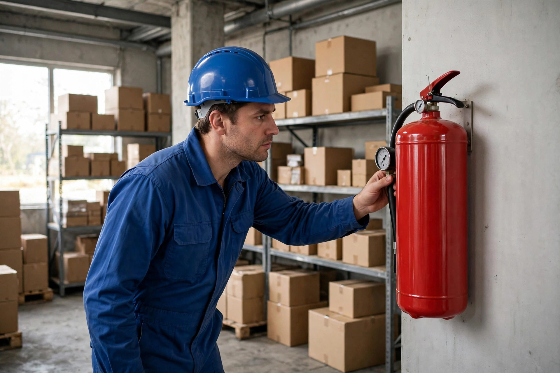 Warehouse safety check: inspecting a fire extinguisher