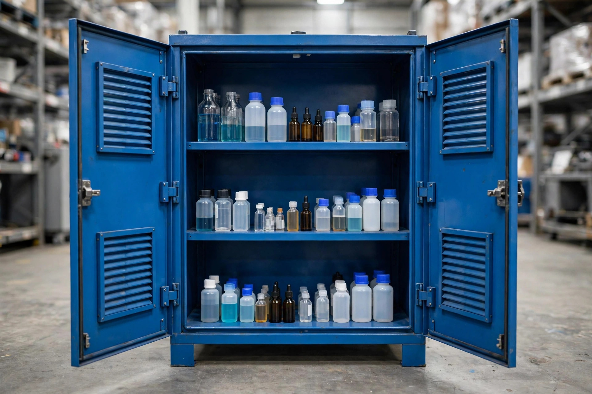 Blue hazmat safety cabinet with chemical bottles on its shelves in a warehouse