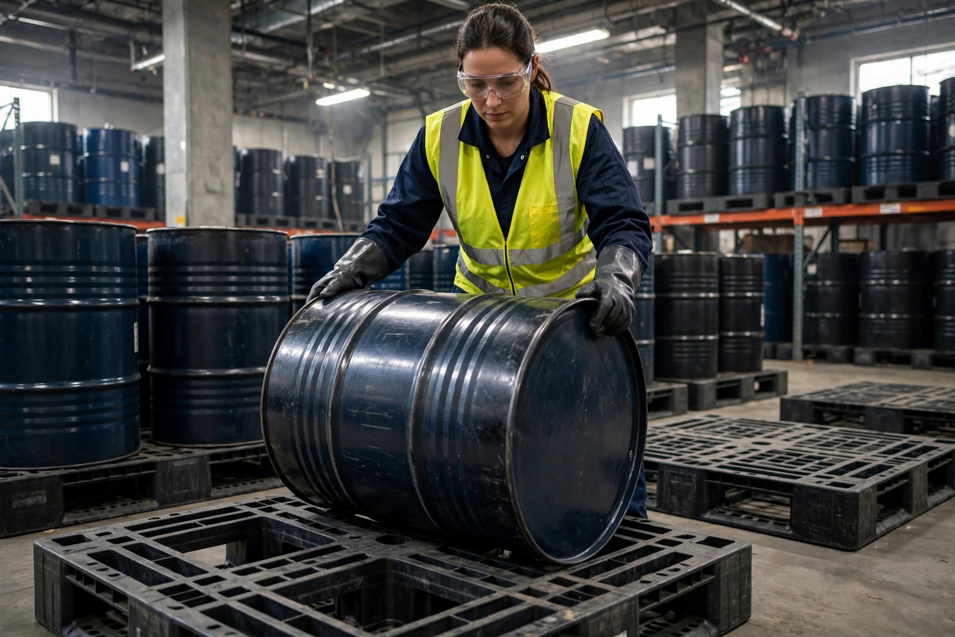 A worker in protective gear inspecting a drum in a hazmat storage zone