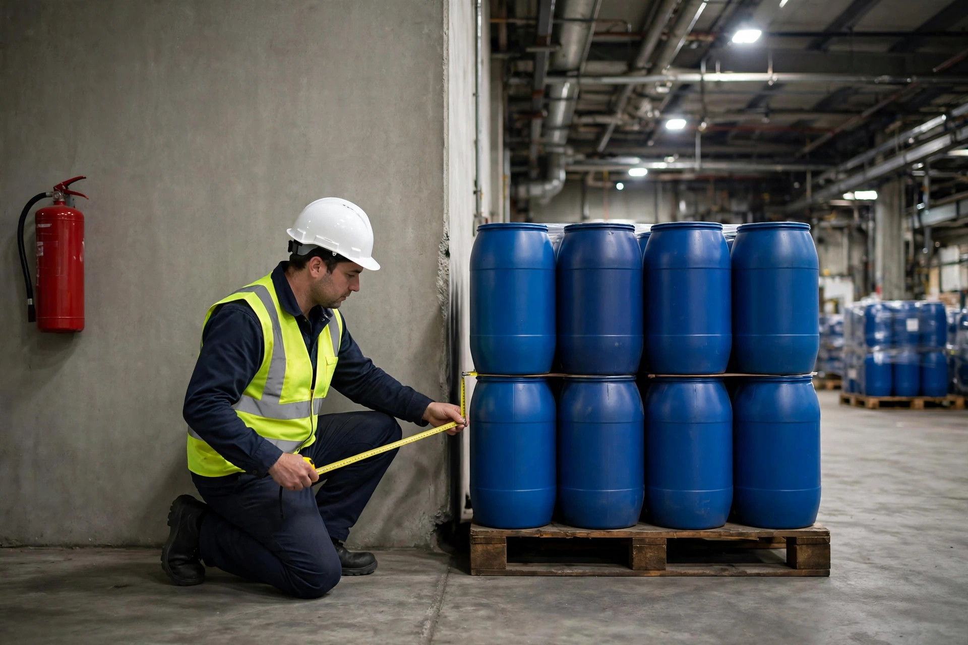 Worker measuring the clearance between a hazmat drum stack and the warehouse wall