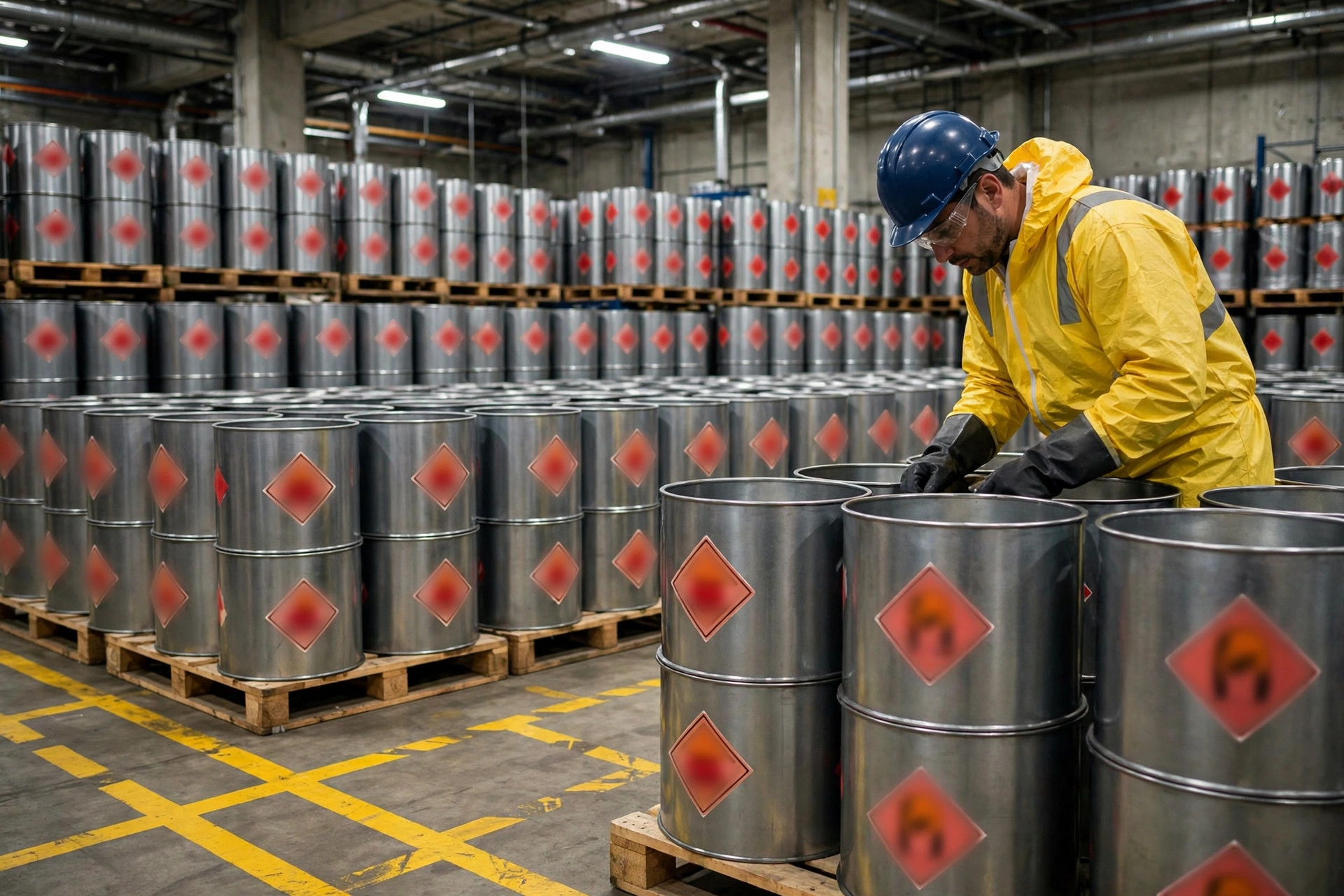 Trabajador inspeccionando tambores de hazmat bien apilados en un almacén