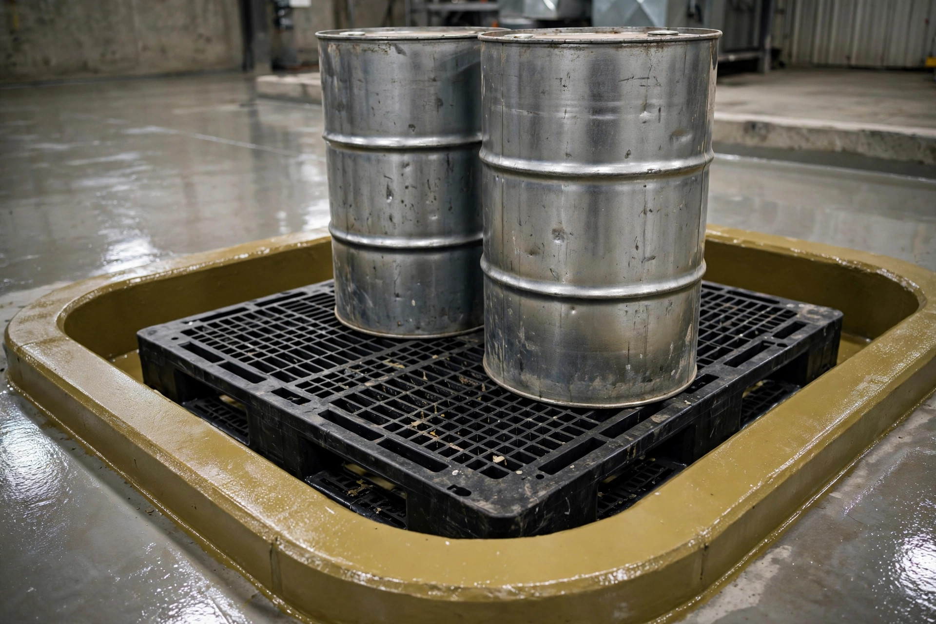 Close-up of drums on spill containment pallets inside a bermed warehouse zone