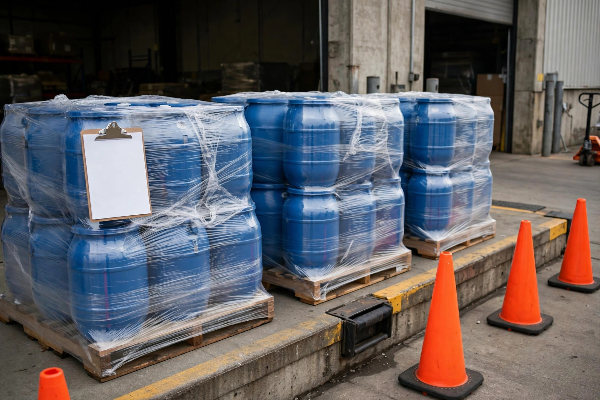 Warehouse worker checking hazmat shipping labels and transport documents