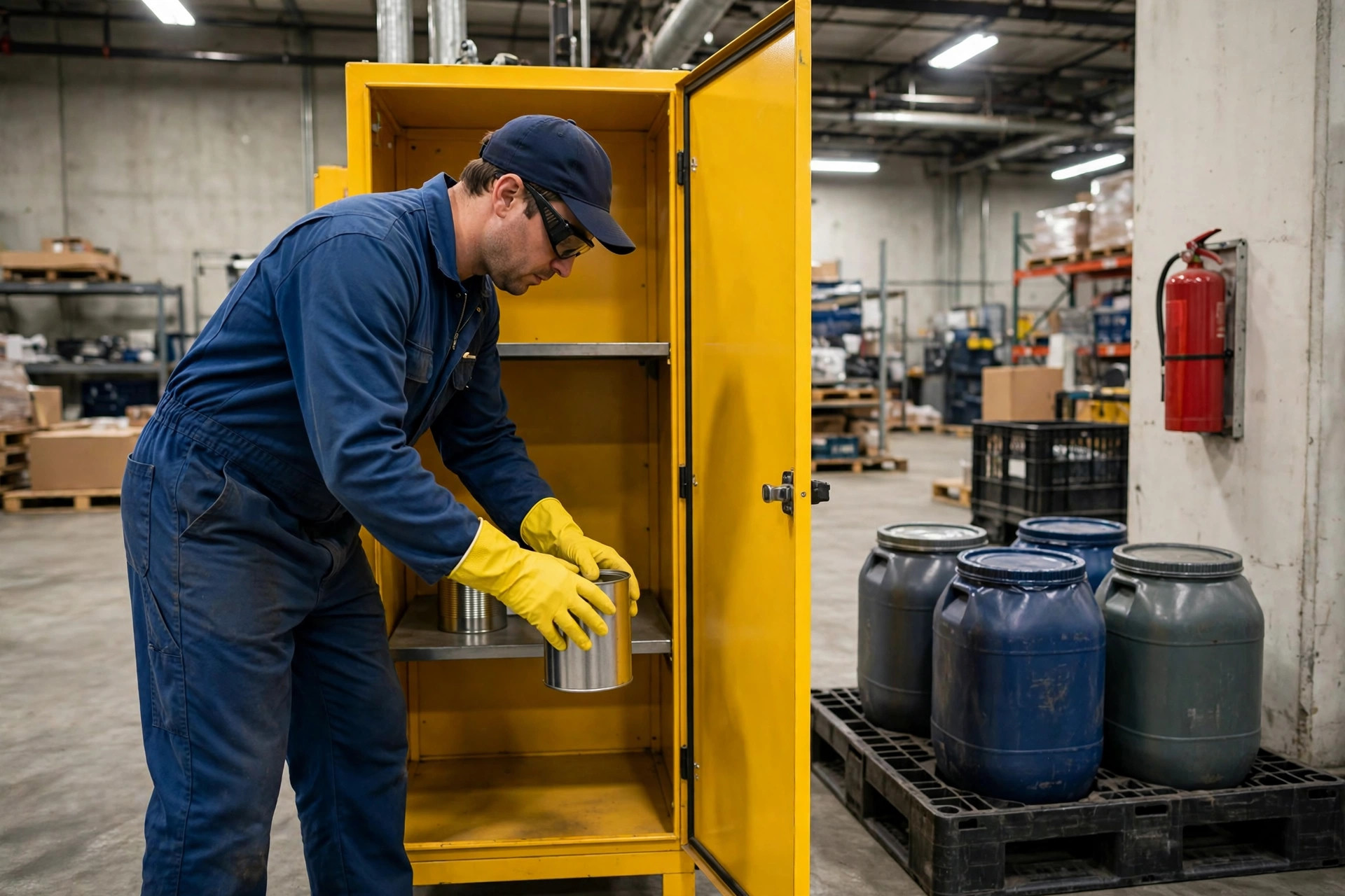 Worker placing paint thinner cans into a yellow hazmat storage cabinet in a warehouse