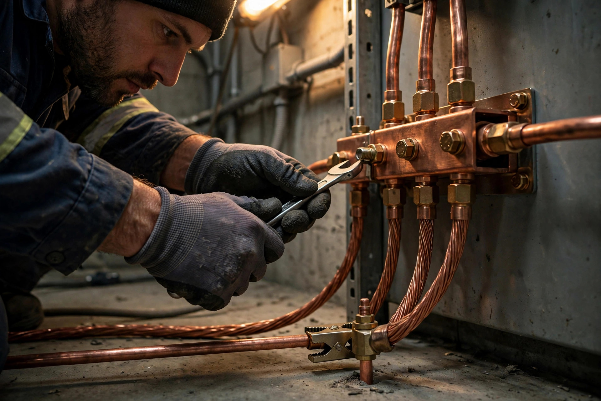 An electrician checks the grounding busbar before storm season