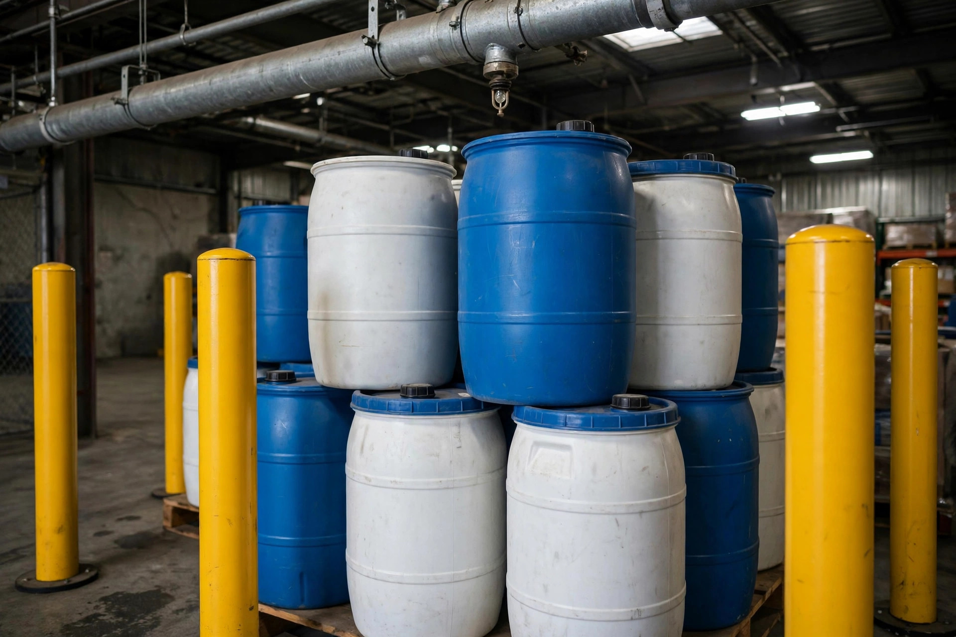 Close-up of hazmat drum storage area with overhead fire sprinkler