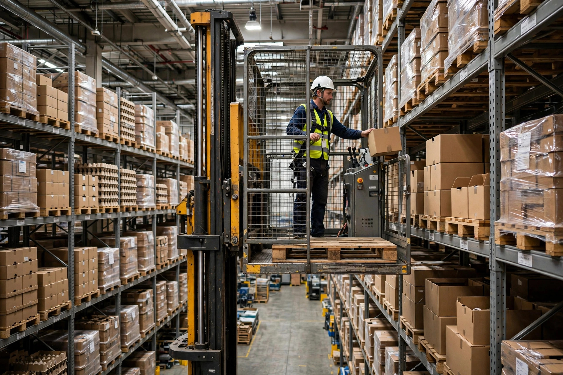 High-bay picking: operator on a man-up order picker platform picking cartons at height